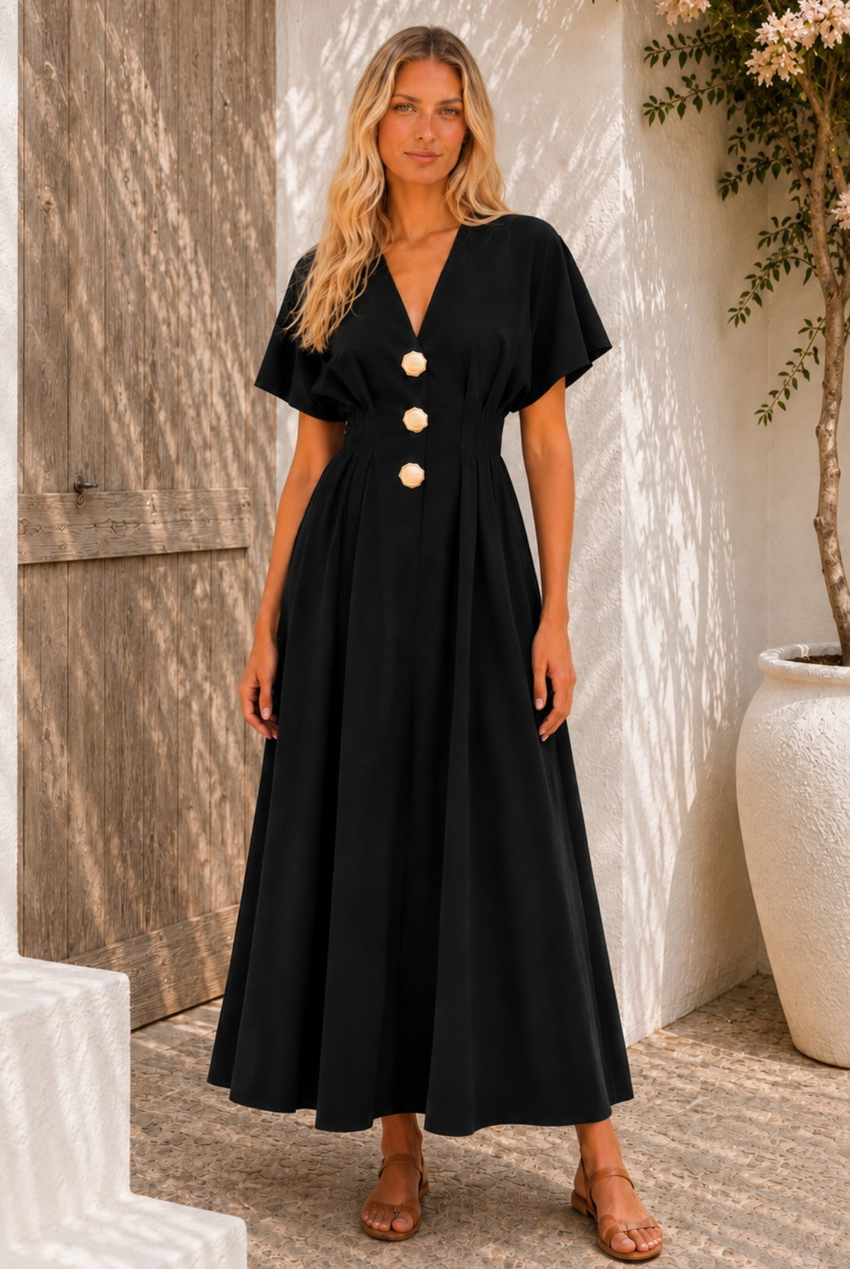 Women's black v-neck button front maxi dress with kimono sleeves, the Clairice Dress in Black by Esther & Co