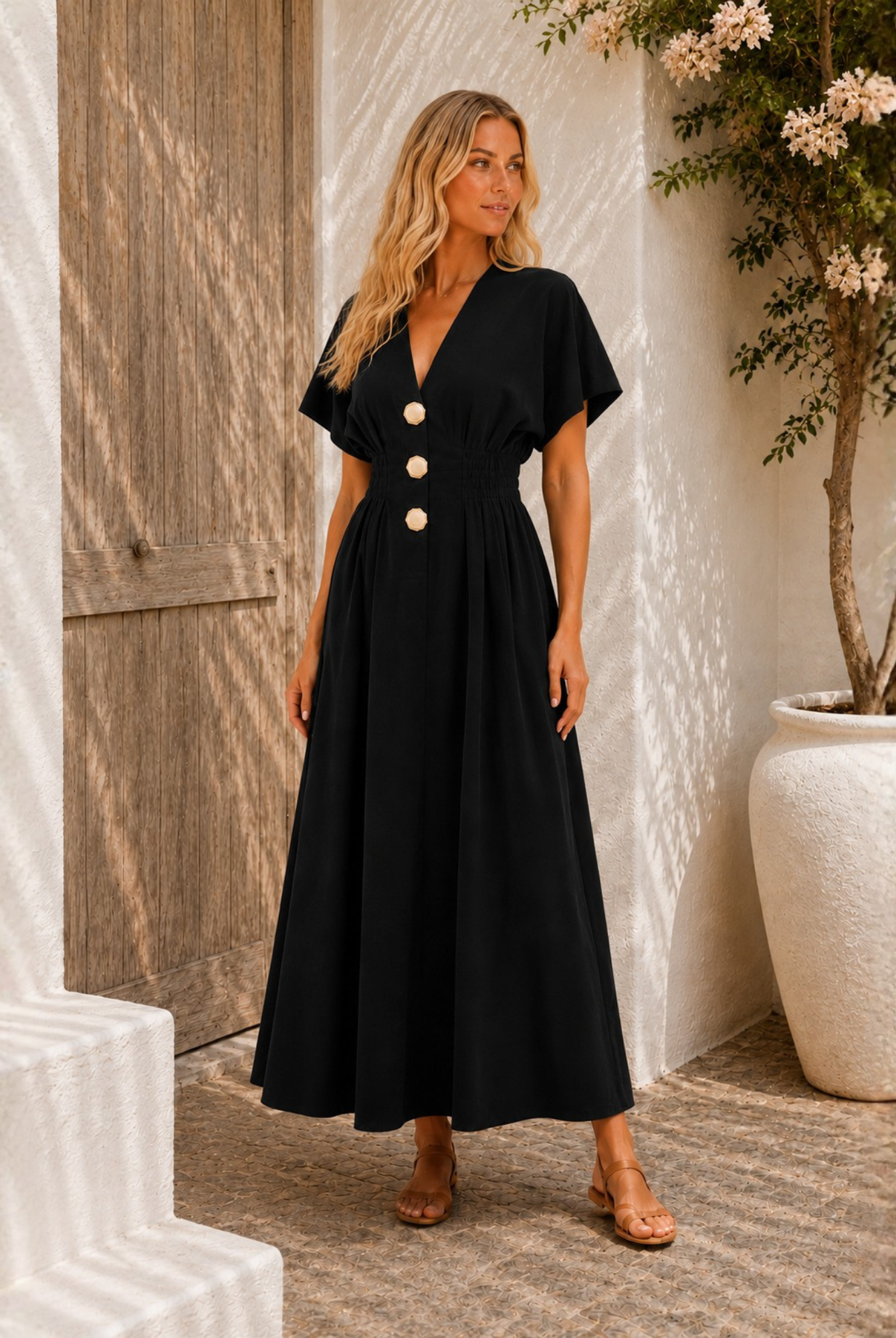 Women's black pleated maxi dress with structured waist panel, the Clairice Dress in Black by Esther & Co