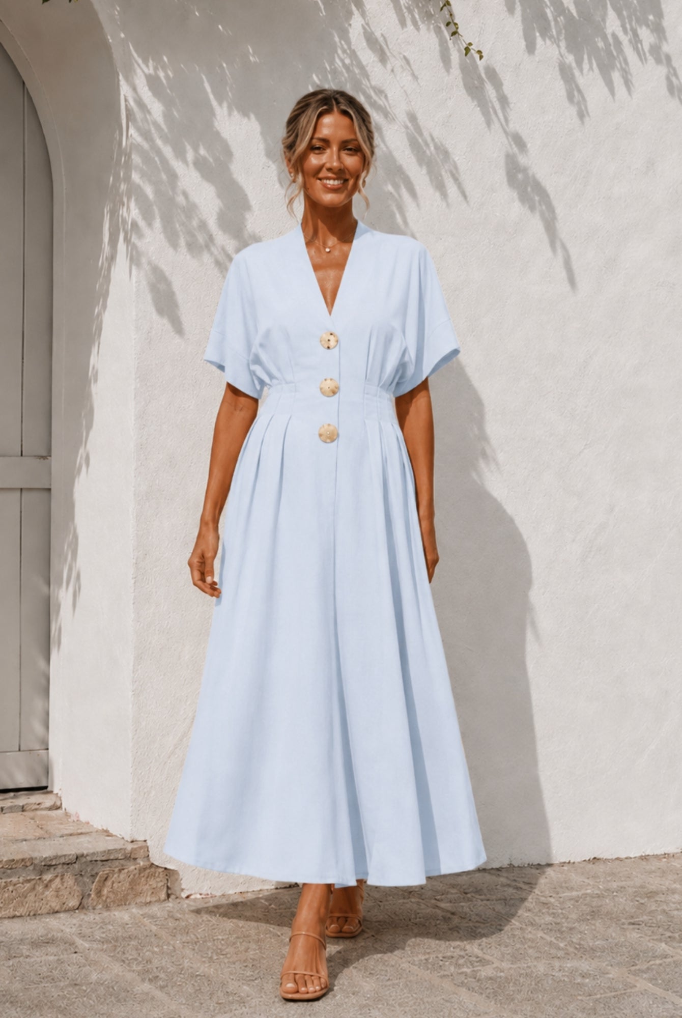 Women's blue v-neck button front maxi dress with kimono sleeves, the Clairice Dress in Blue by Esther & Co