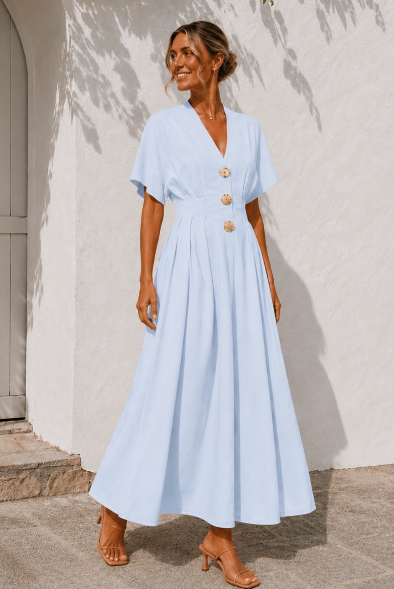 Women's blue v-neck button front maxi dress with kimono sleeves, the Clairice Dress in Blue by Esther & Co