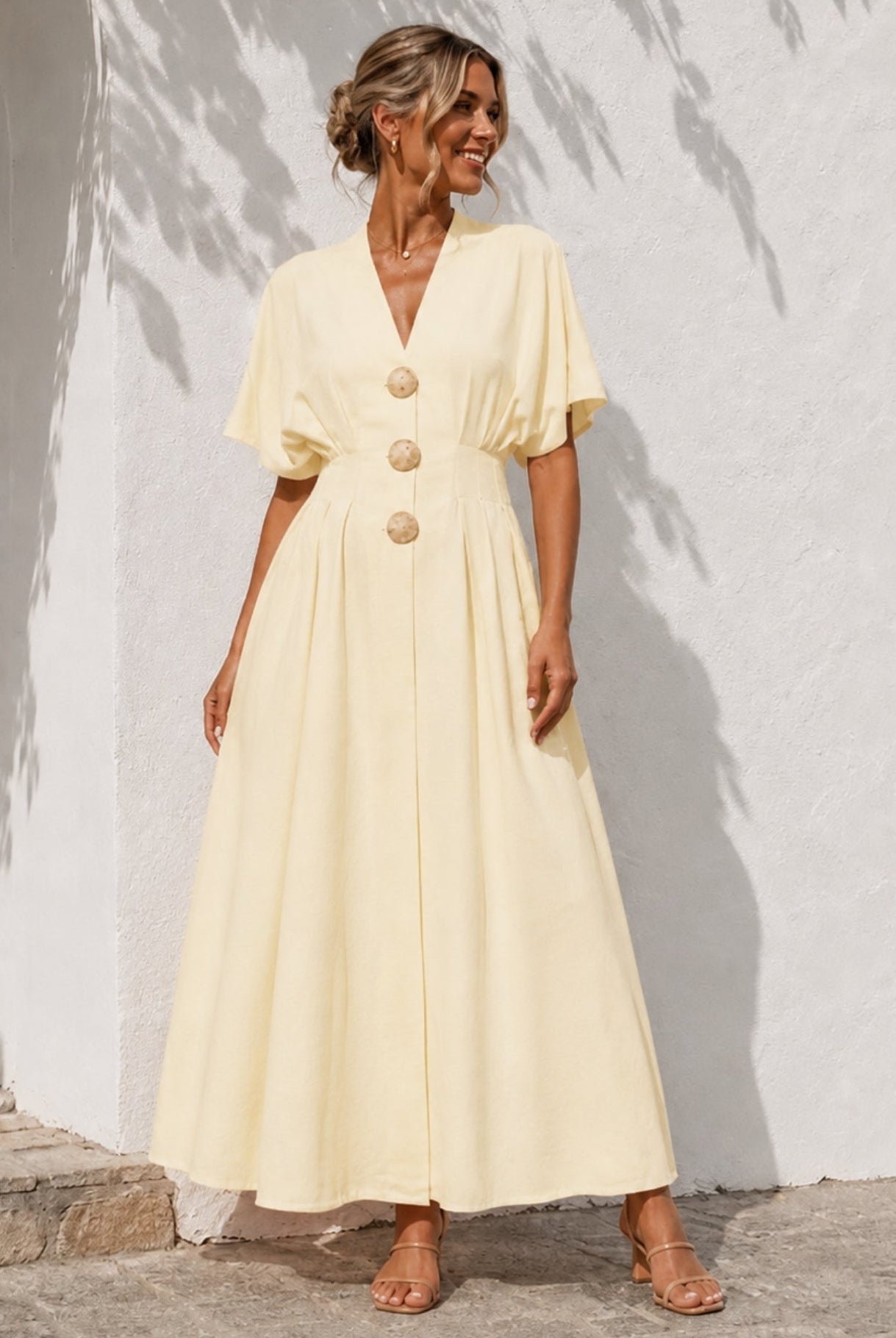 Women's buttercream yellow v-neck button front maxi dress with kimono sleeves, the Clairice Dress in Buttercream by Esther & Co