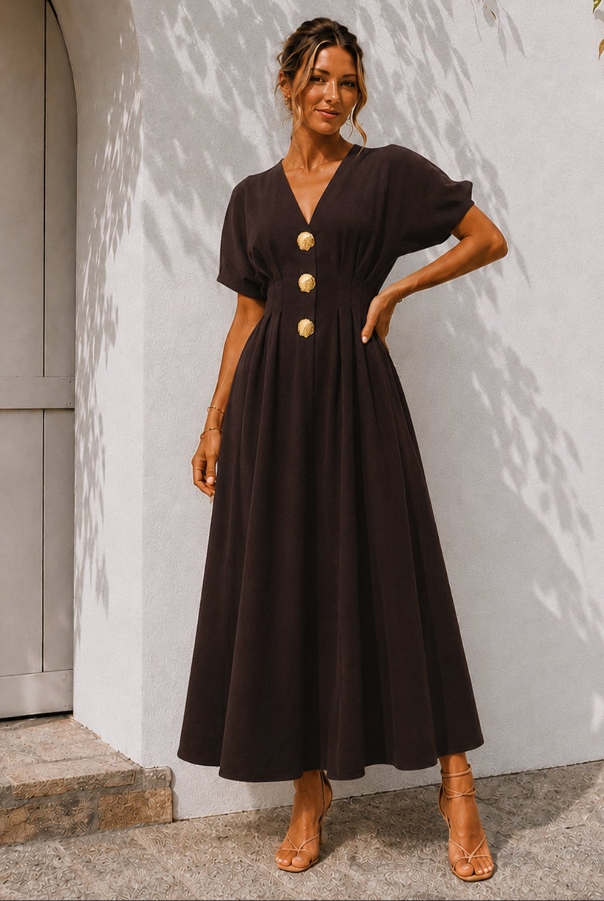 Women's chocolate brown v-neck button front maxi dress with kimono sleeves, the Clairice Dress in Choco by Esther & Co