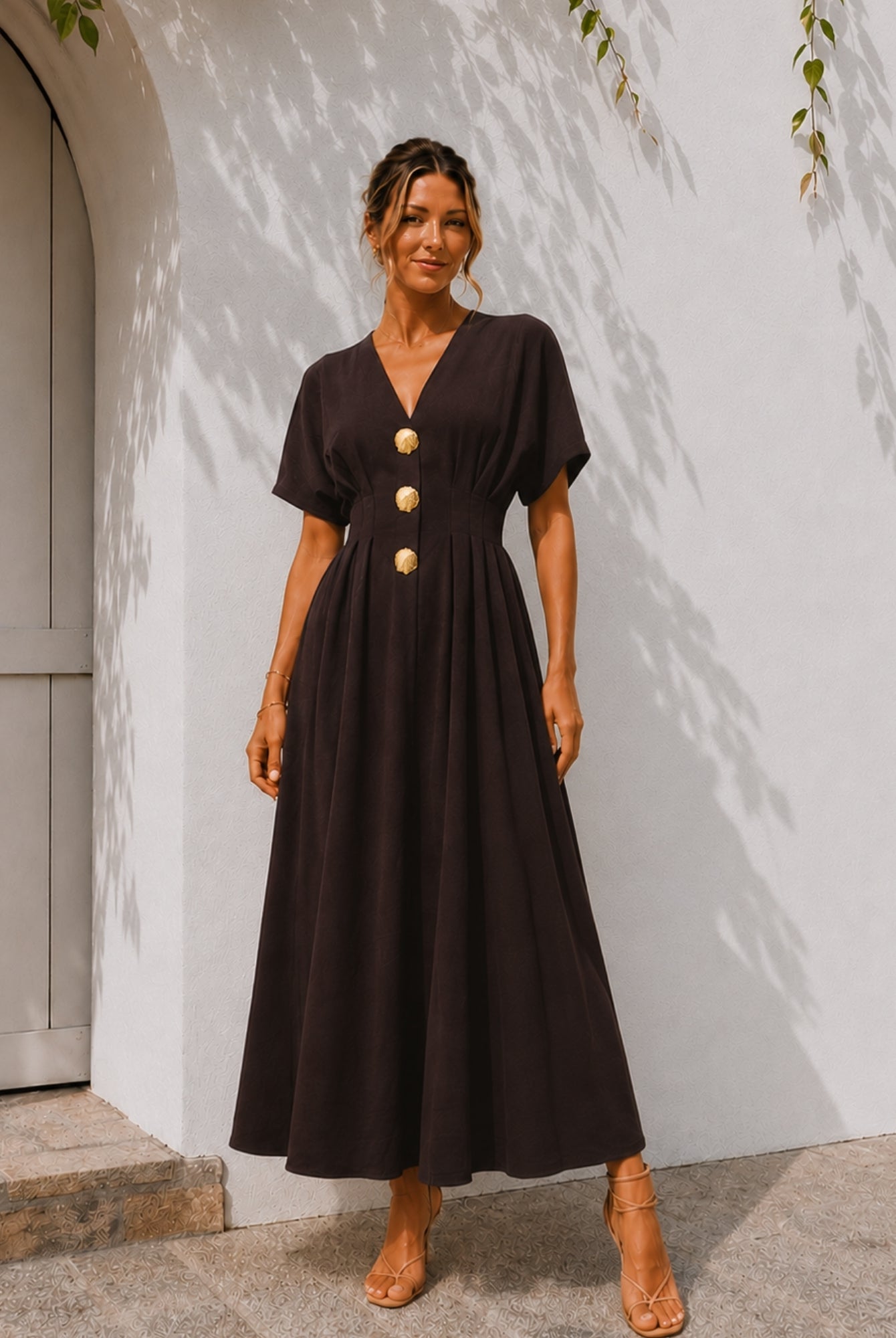 Women's chocolate brown v-neck button front maxi dress with kimono sleeves, the Clairice Dress in Choco by Esther & Co