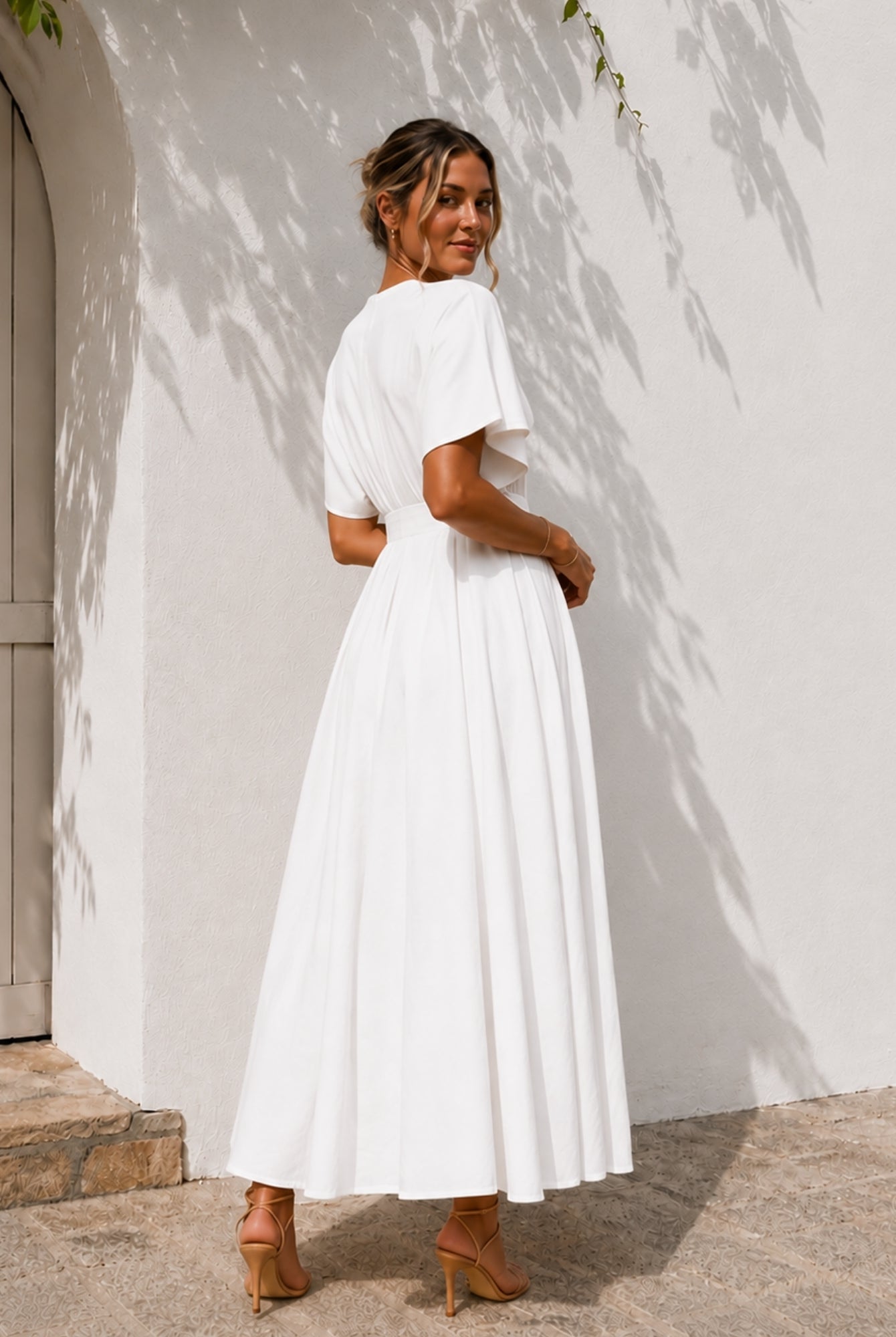 Women's white v-neck button front maxi dress with kimono sleeves, the Clairice Dress in White by Esther & Co
