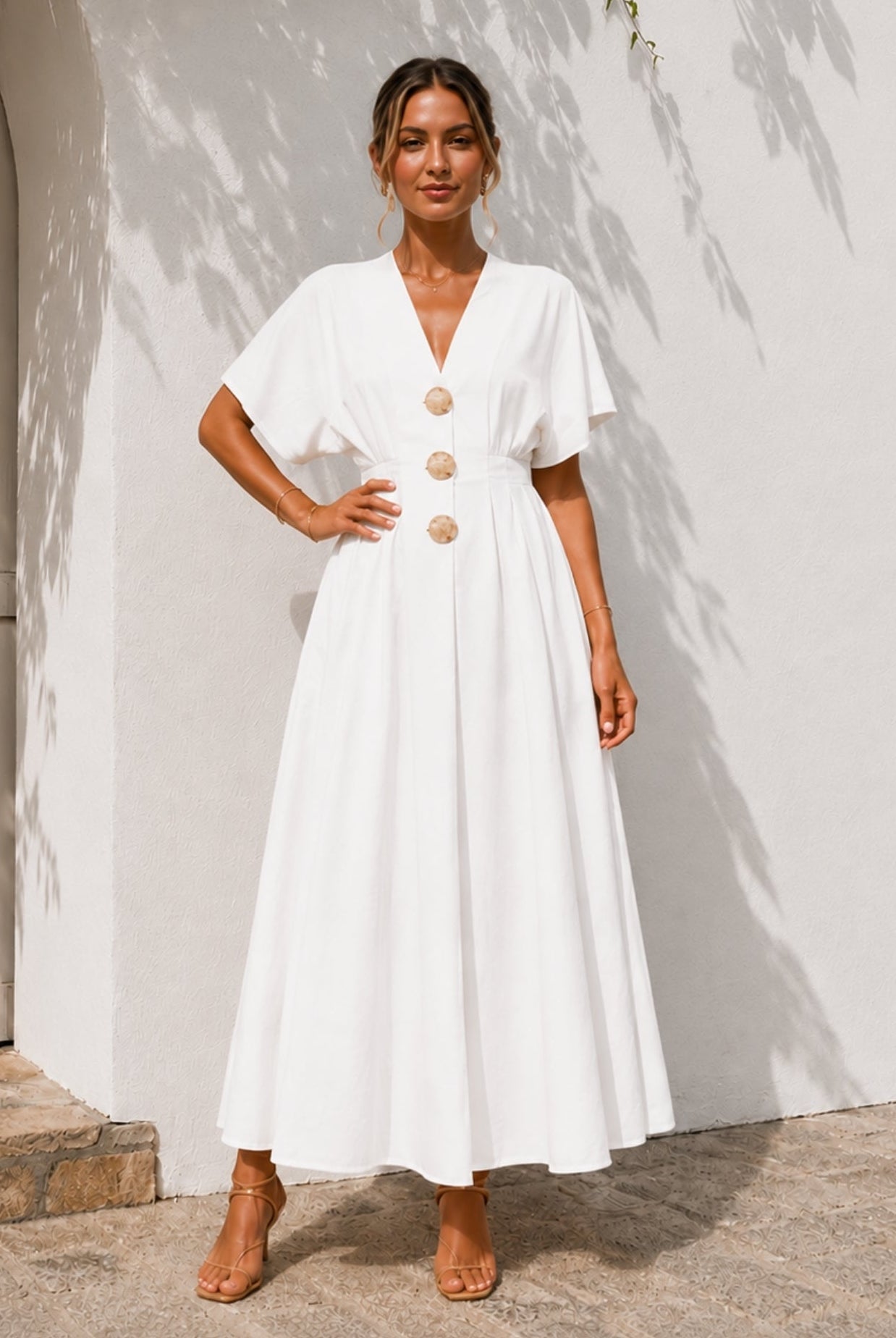 Women's white v-neck button front maxi dress with kimono sleeves, the Clairice Dress in White by Esther & Co