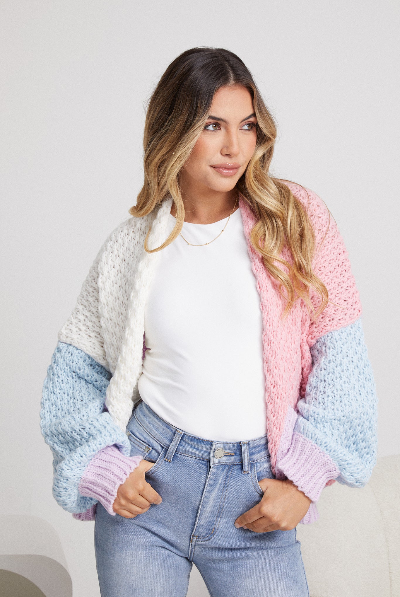 Colline Cardigan in Multi womens pastel open-front knit cardigan multi coloured front view