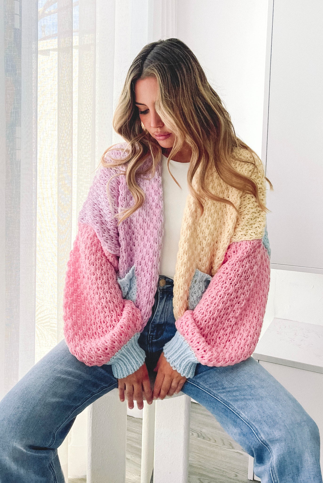 Colline Cardigan in Yellow Multi womens pastel yellow chunky knit cardigan front view