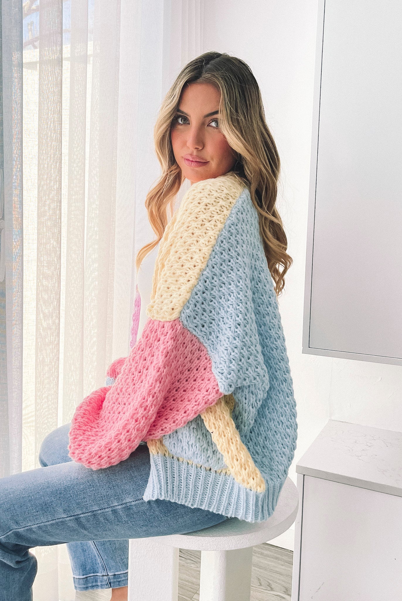 Colline Cardigan in Yellow Multi yellow multi open-front knit cardigan side view