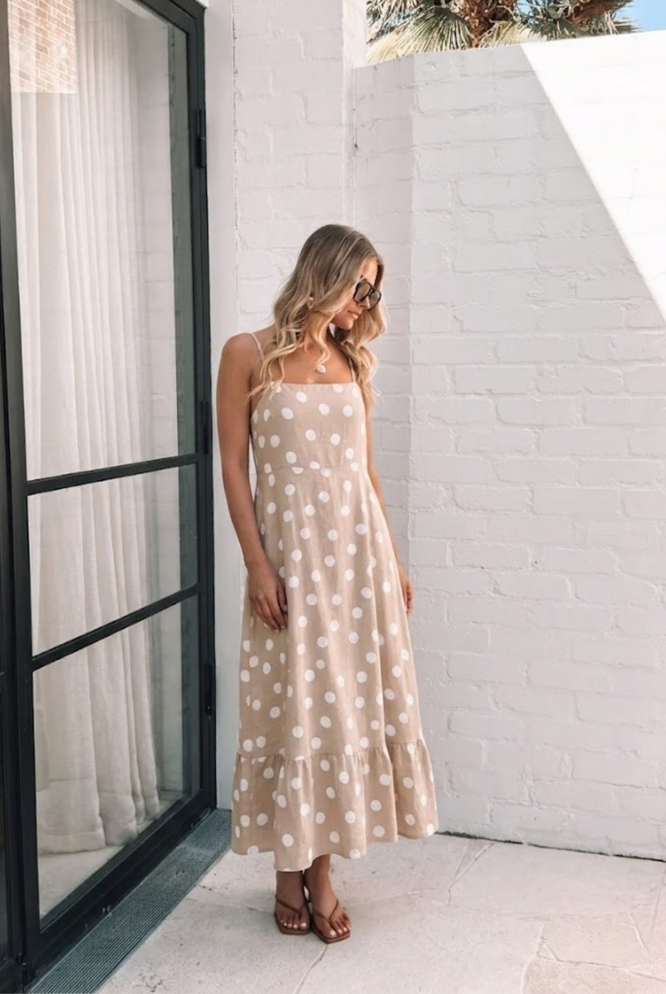 Women's beige polka dot midi dress side view by Esther & Co