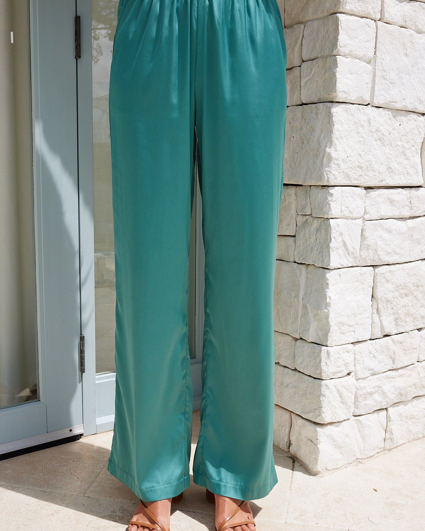 Women's green satin high-waisted pants by Esther & Co