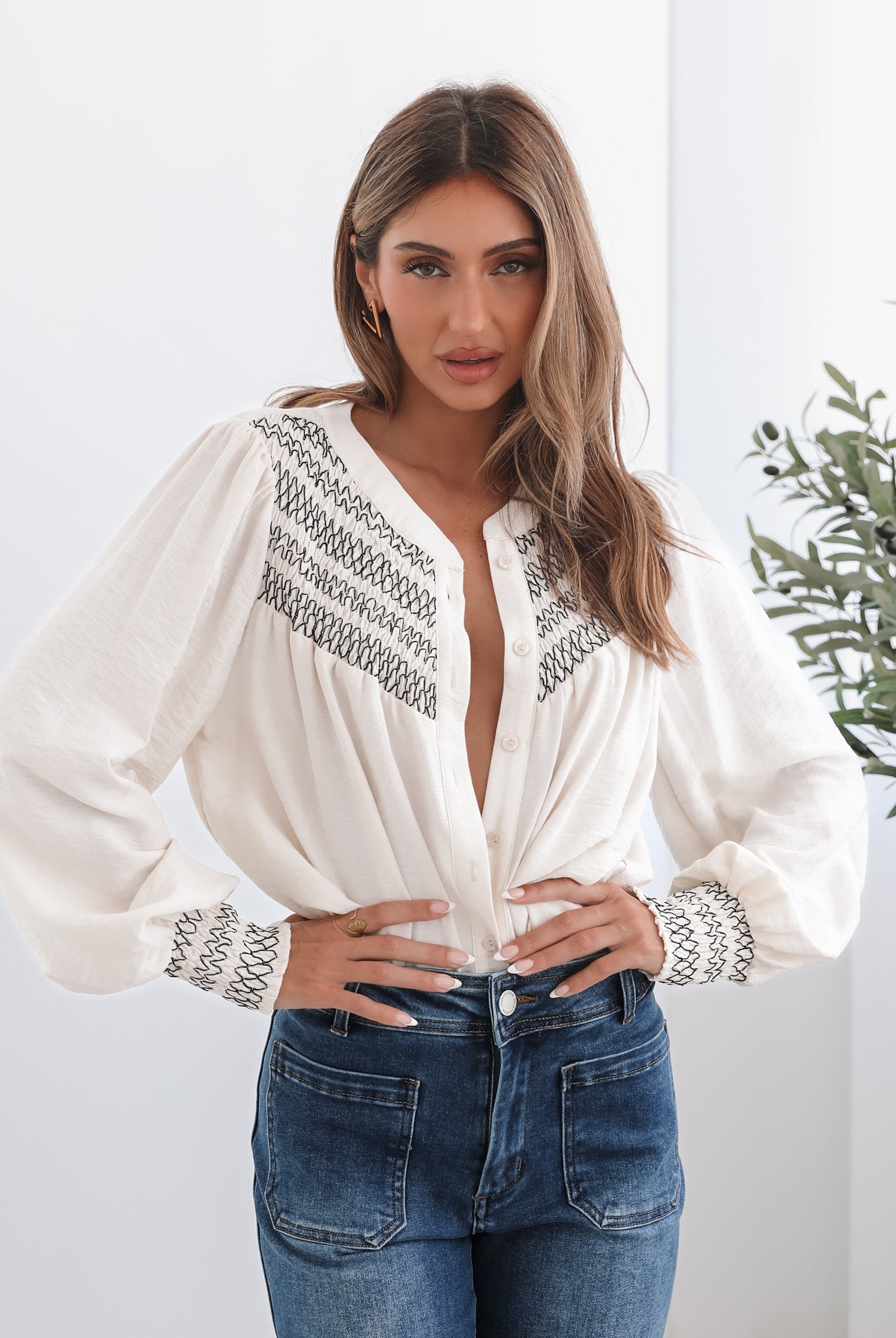 Dareia Blouse in Cream Print cream print button-up blouse back view