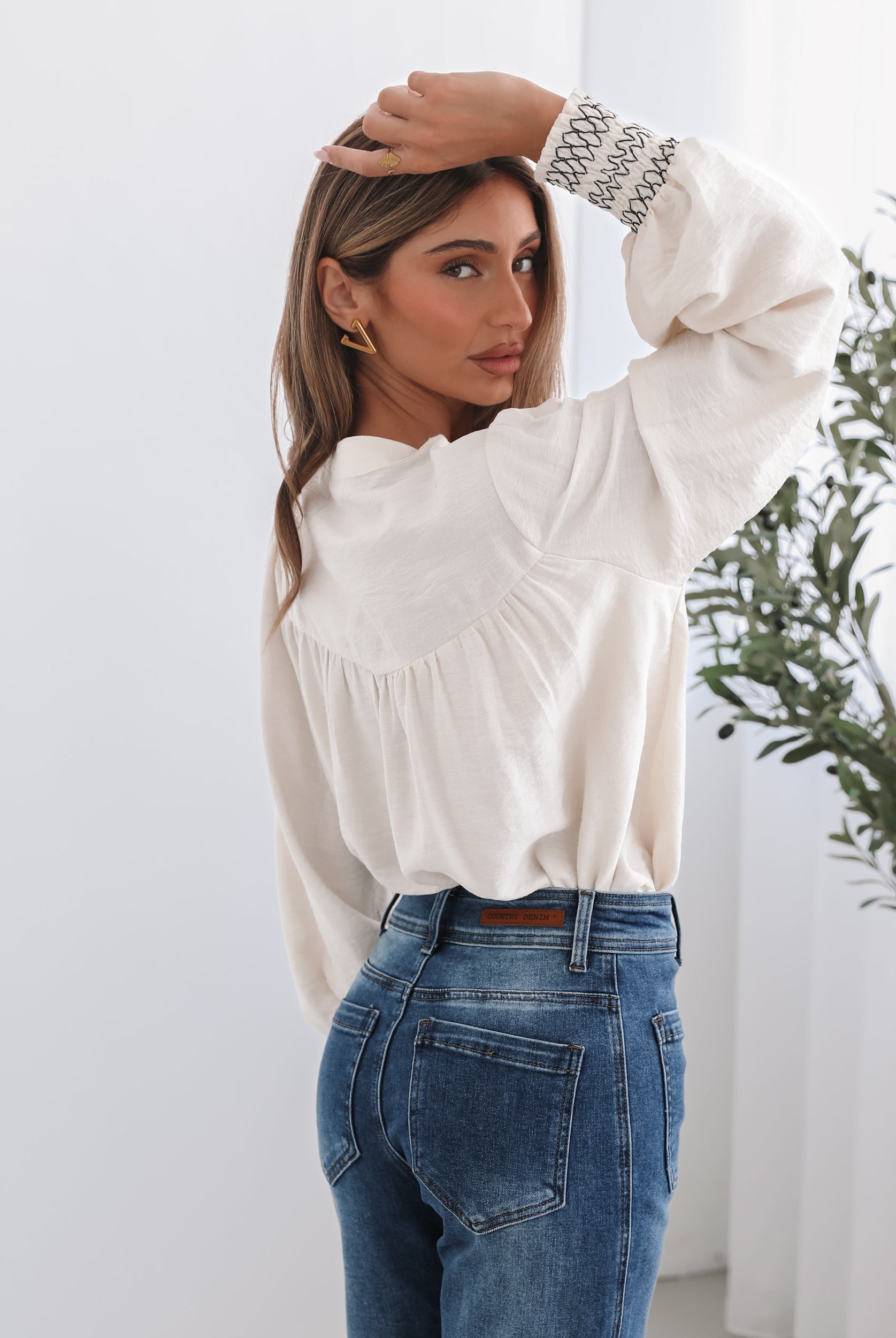 Dareia Blouse in Cream Print womens cream print blouse styled outfit