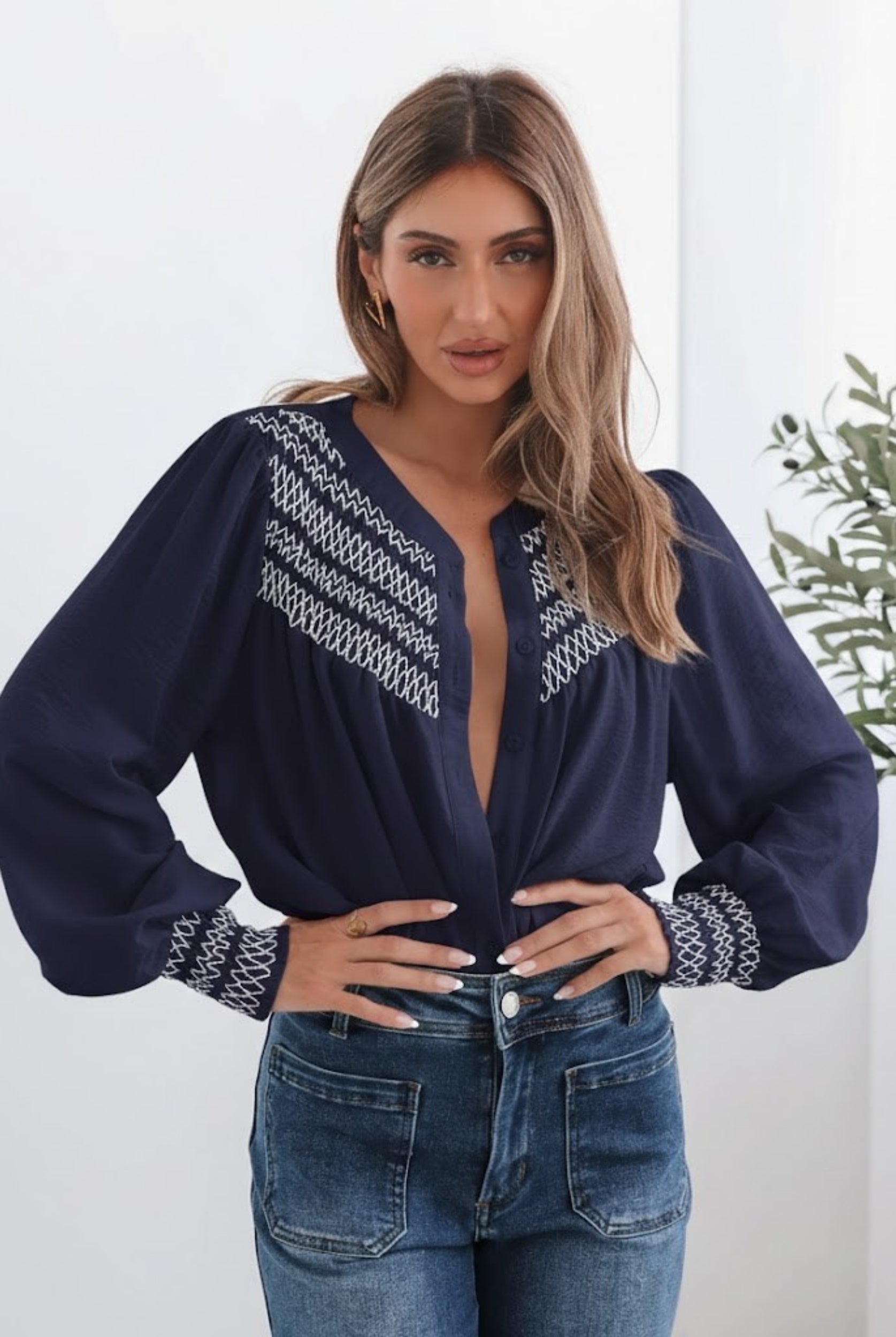Dareia Blouse in Navy Print womens navy printed blouse with white contrast stitching front view