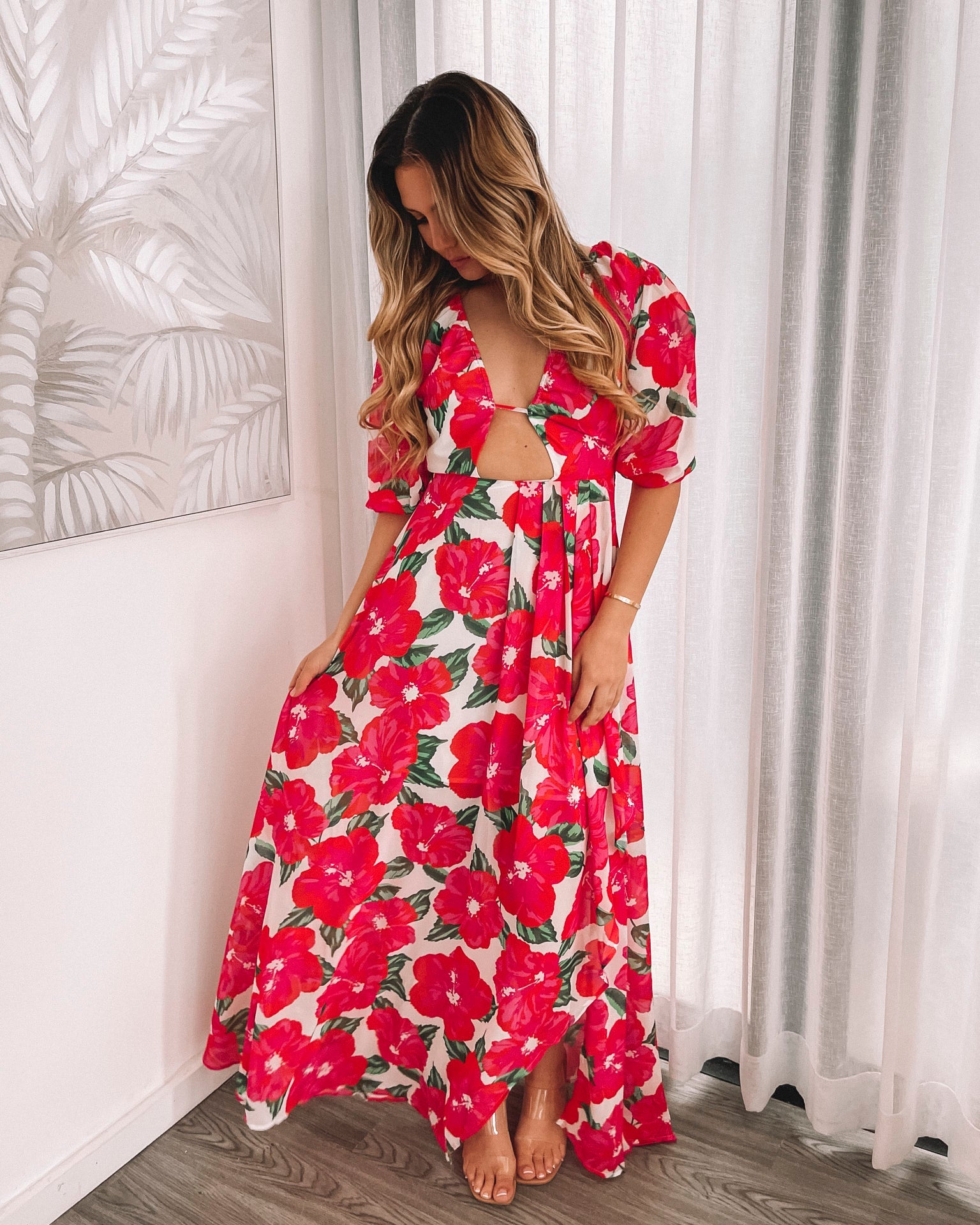 Women's pink floral print maxi dress with v-neckline and waist cut-out, the Delarina Dress in Pink Floral by Esther & Co