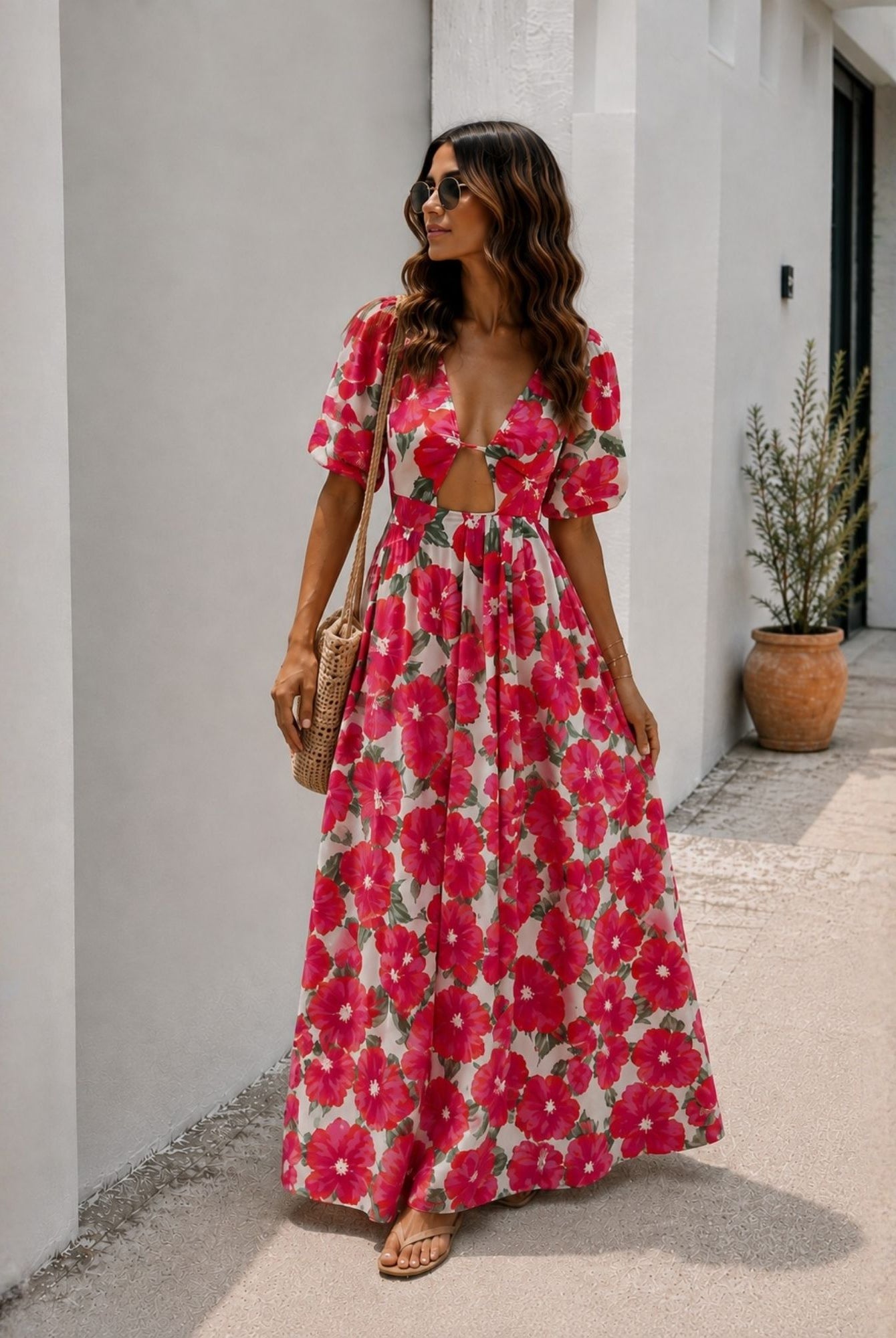 Women's pink floral dress side view by Esther & Co