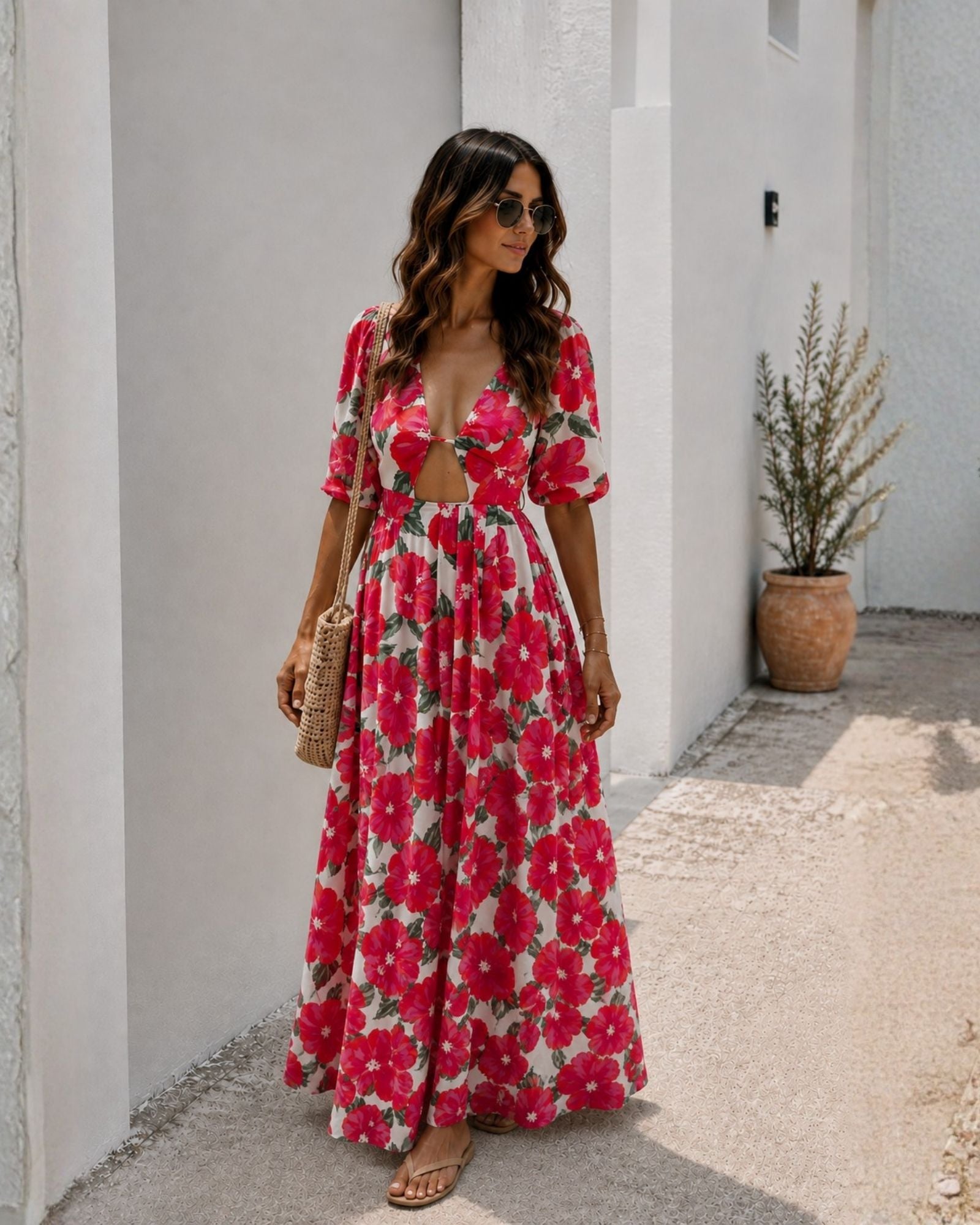 Women's pink floral dress styled outfit by Esther & Co