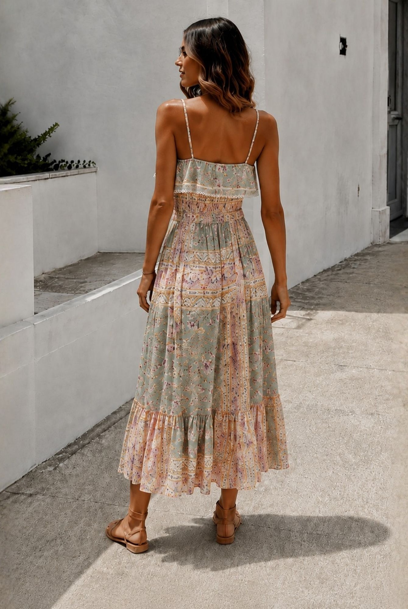 Women's sage floral print midi dress side view by Esther & Co