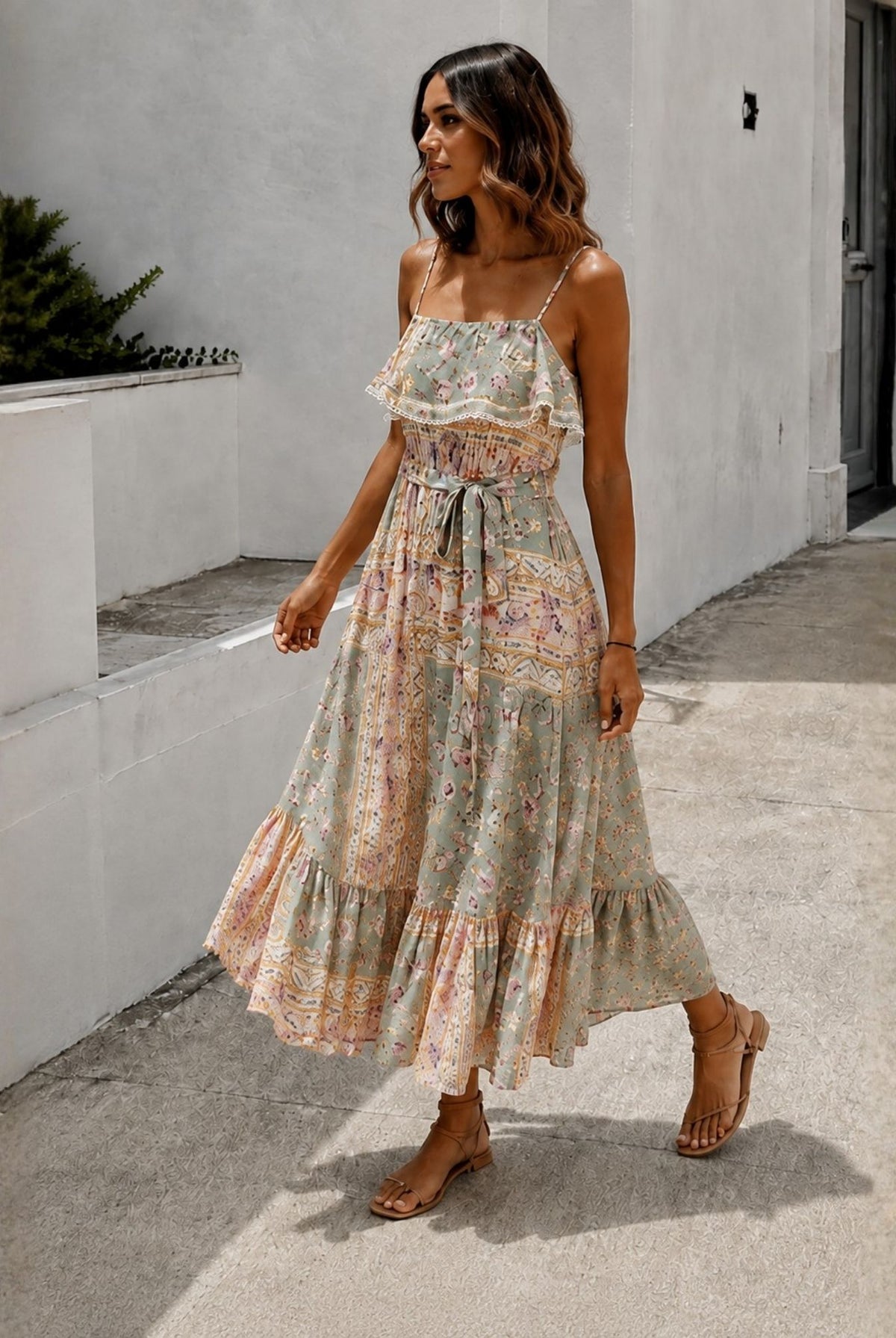 Women's sage floral tiered midi dress, the Desiree Dress in Secret Garden by Esther & Co