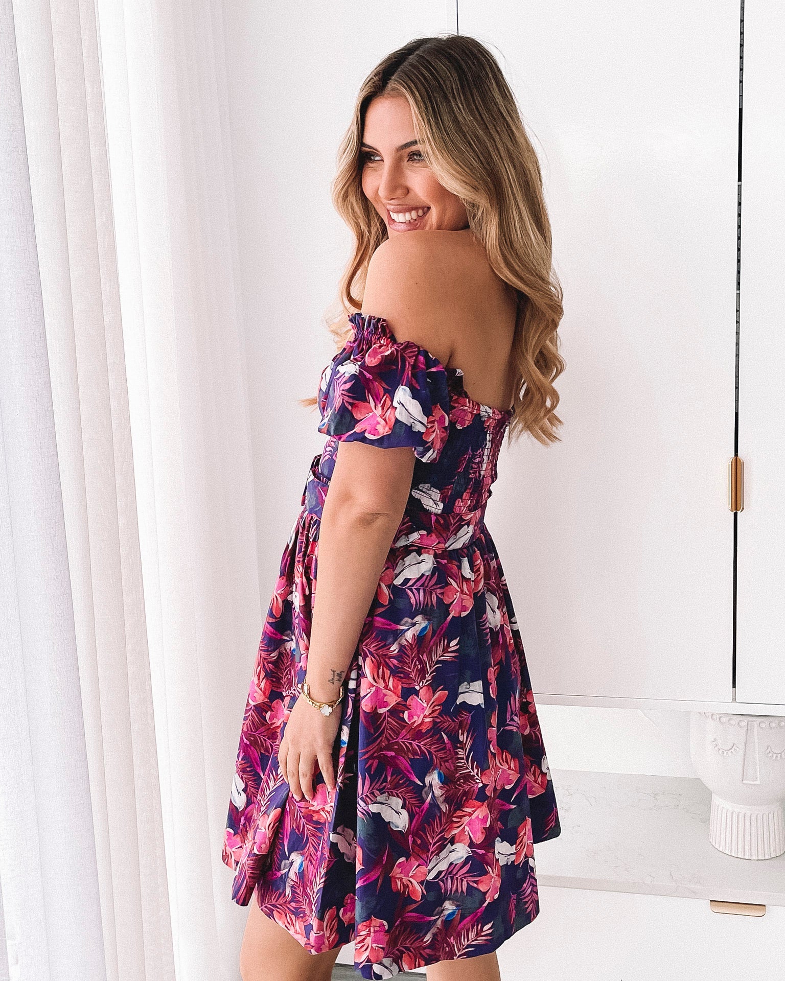 Women's purple multicoloured print mini dress with waist tie by Esther & Co
