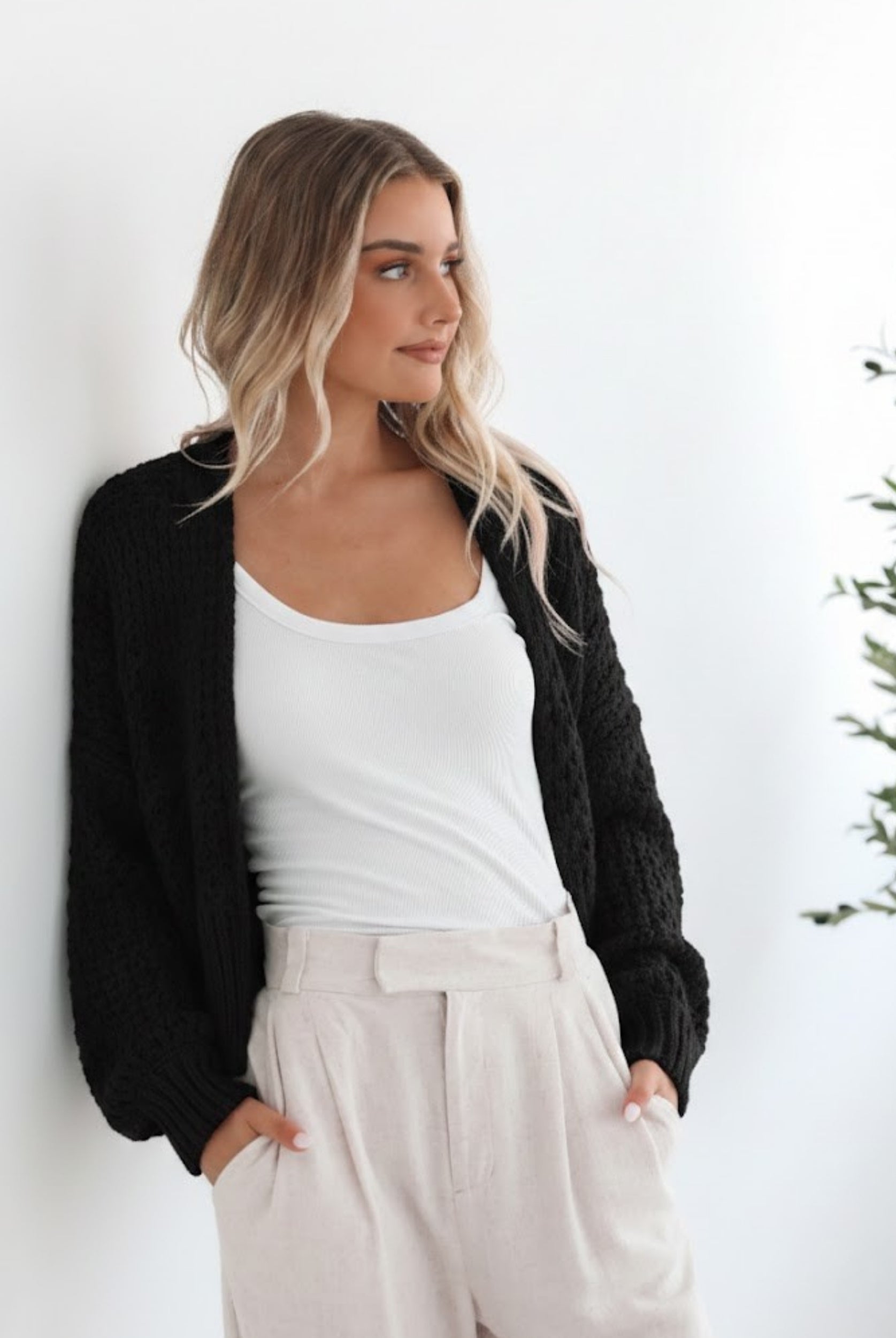 Dorine Cardigan in Black womens black open-front chunky knit cardigan styled outfit