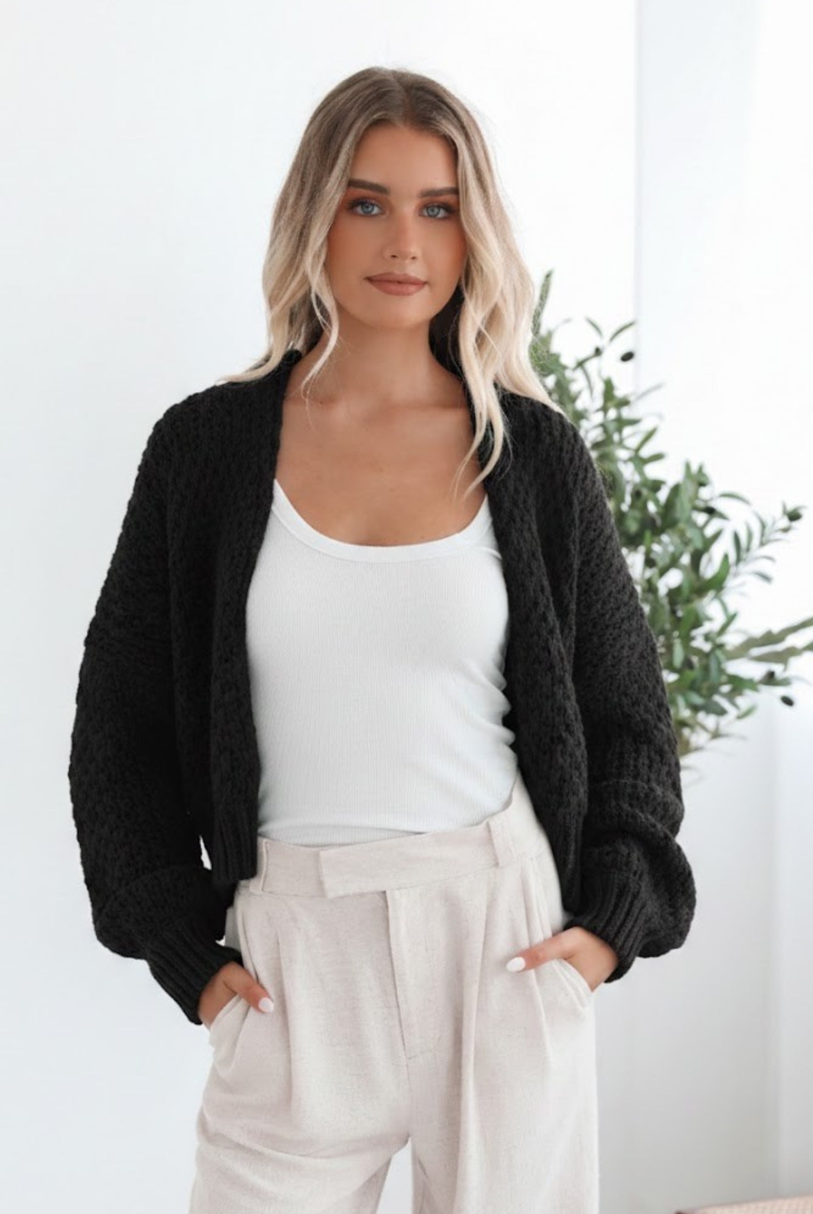 Dorine Cardigan in Black womens chunky knit open-front cardigan in black front view
