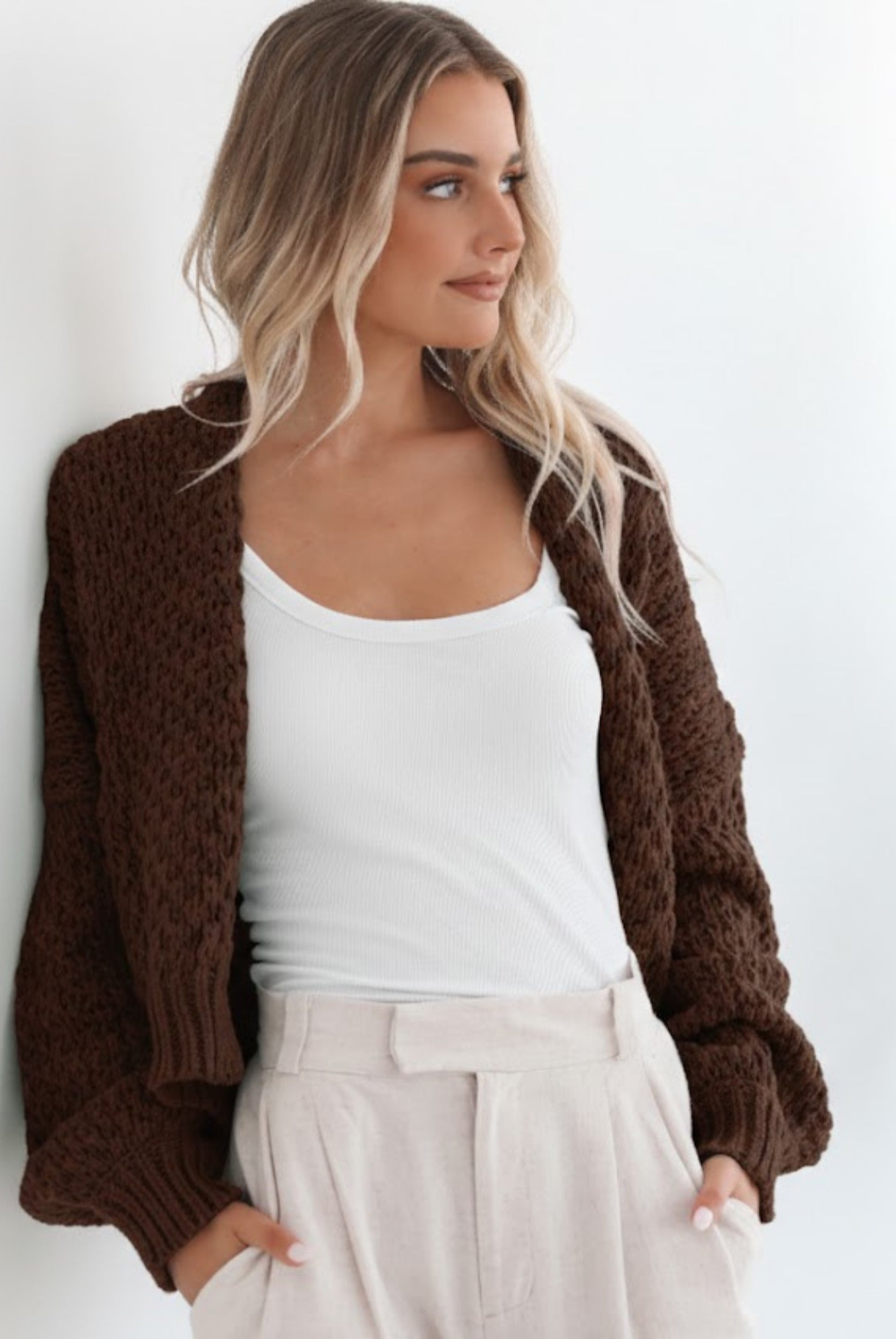 Dorine Cardigan in Coffee womens coffee brown open-front knit cardigan back view