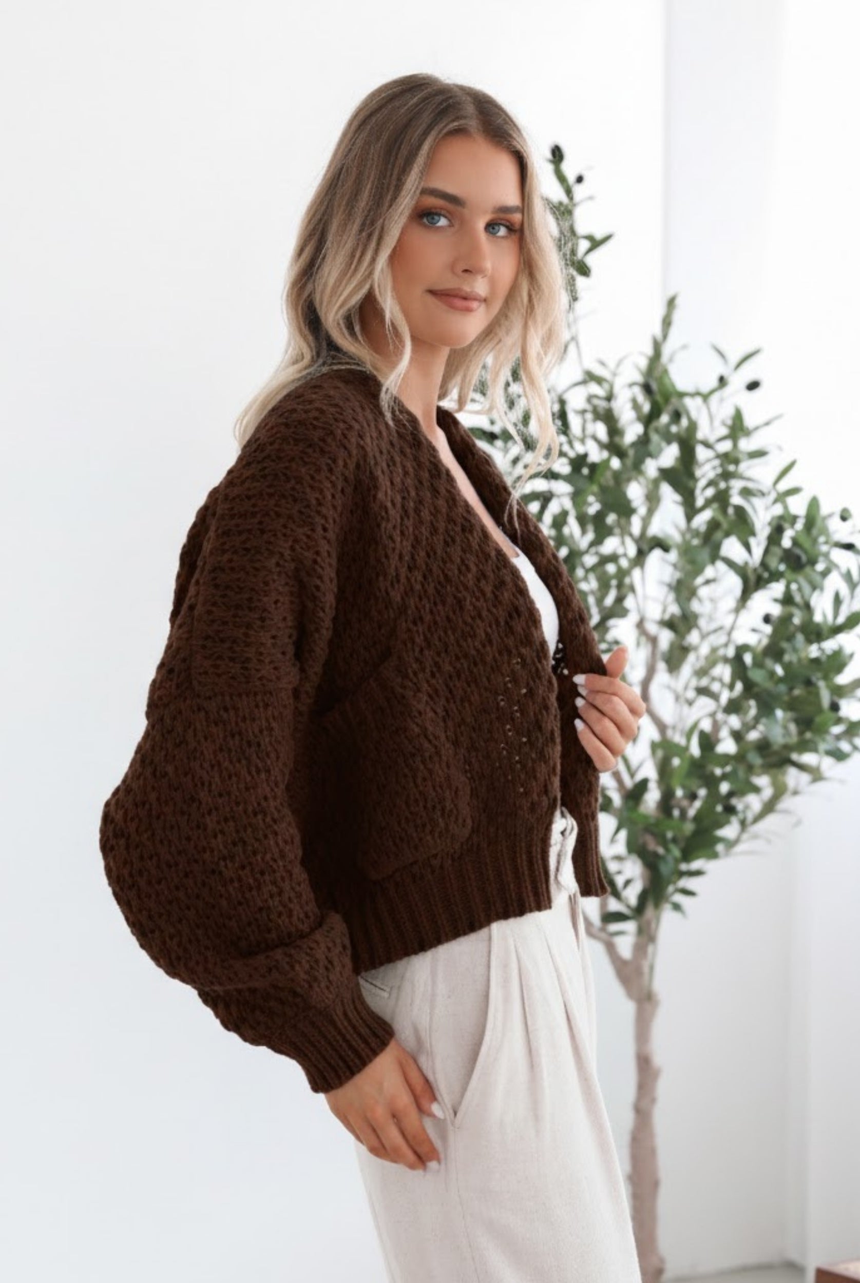 Dorine Cardigan in Coffee coffee brown relaxed knit cardigan with pockets full length