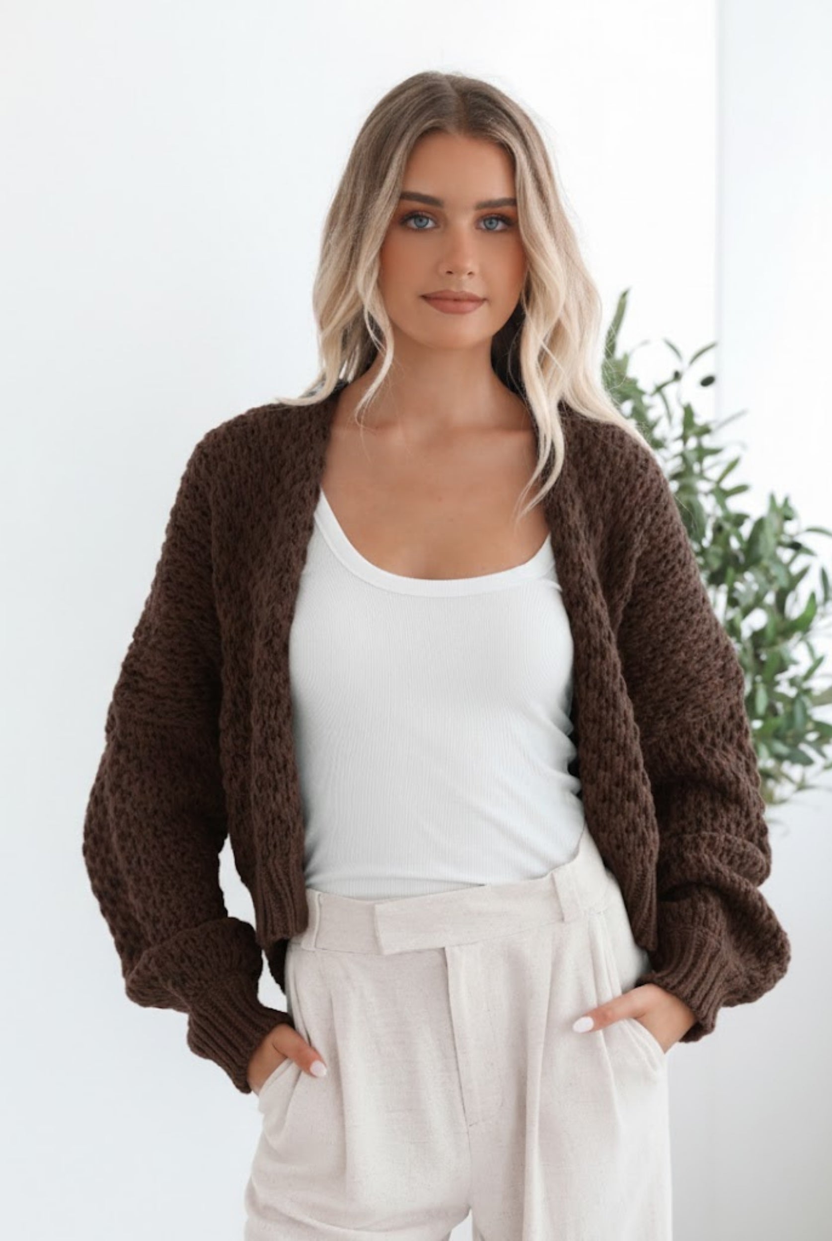 Dorine Cardigan in Coffee womens chunky knit cardigan in coffee brown front view
