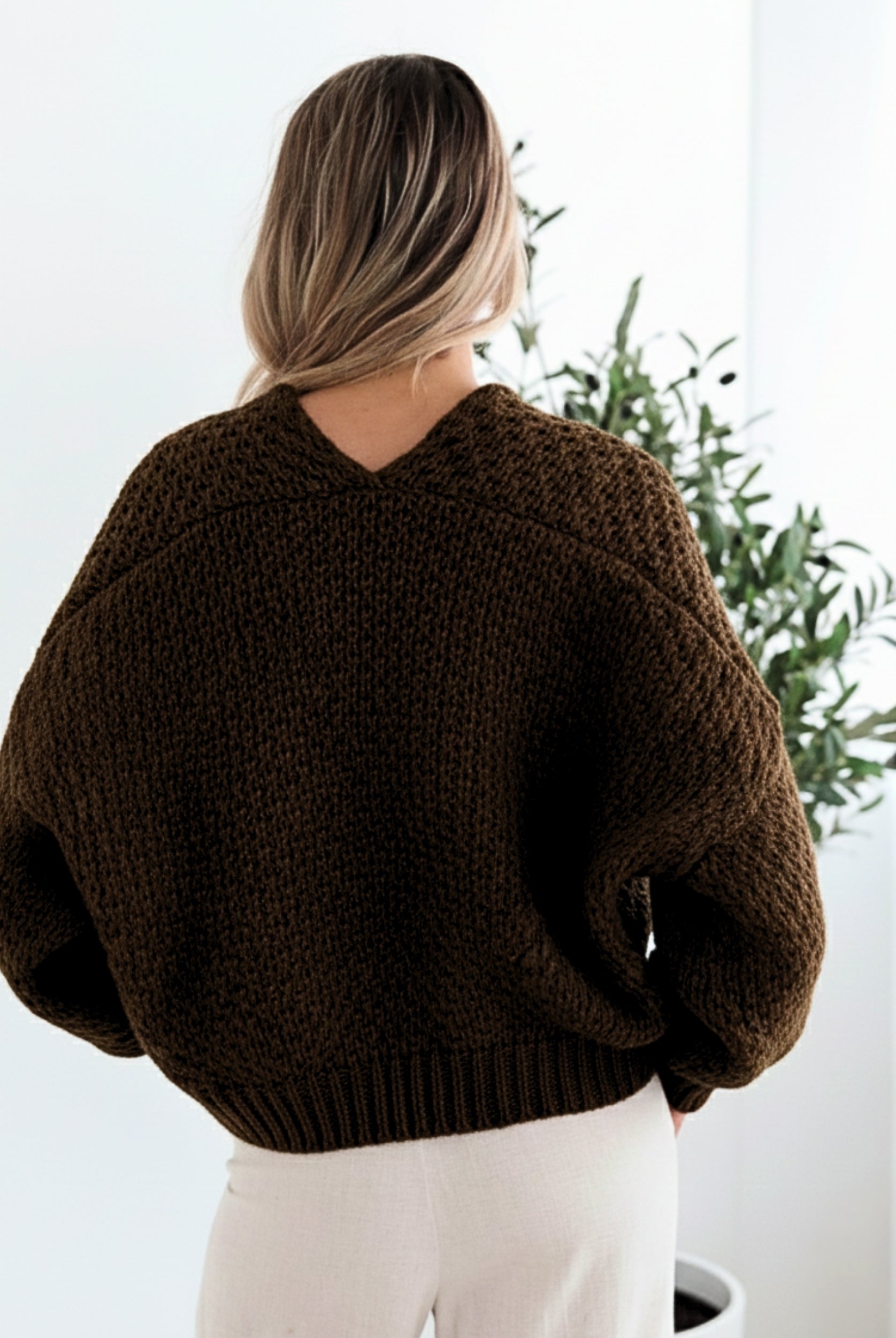 Dorine Cardigan in Coffee deep coffee brown open-front knit cardigan side view