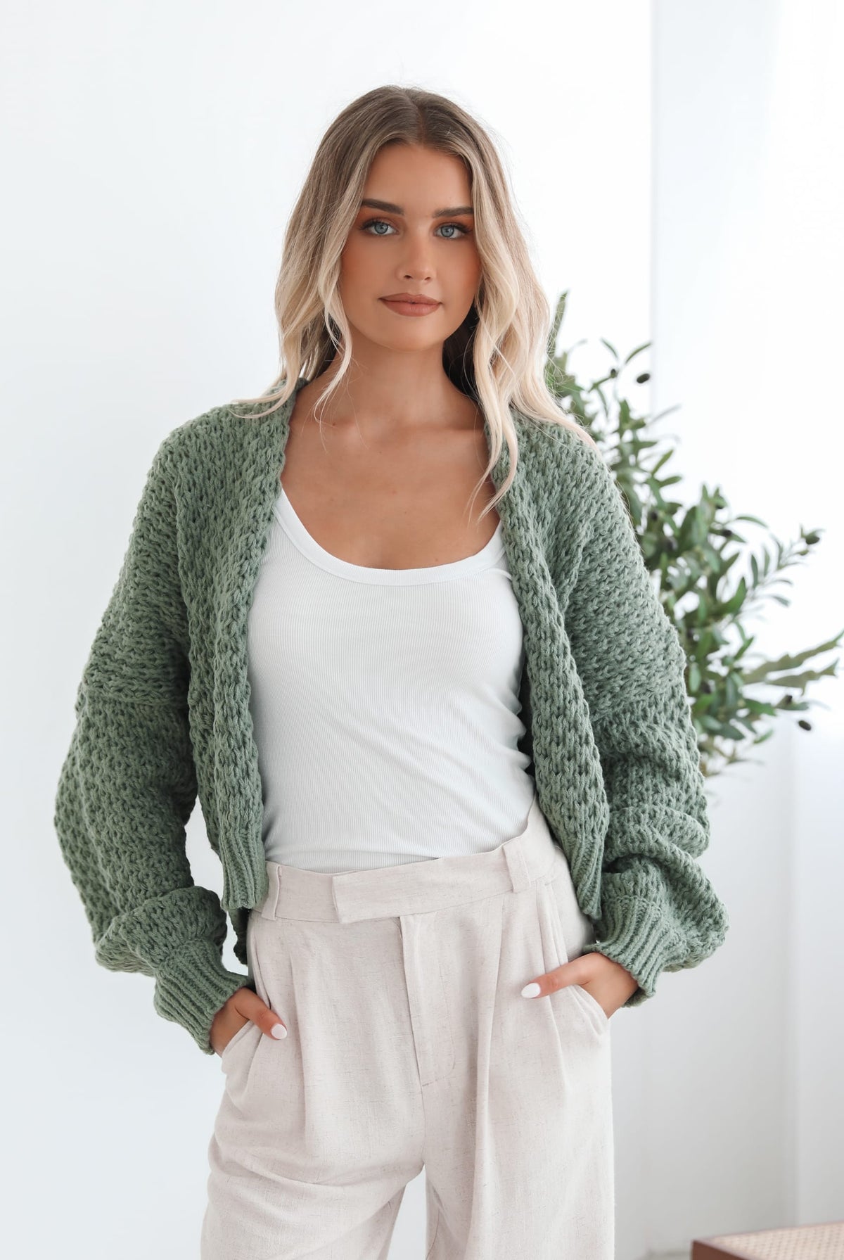 Dorine forest green open-front knit cardigan, styled view