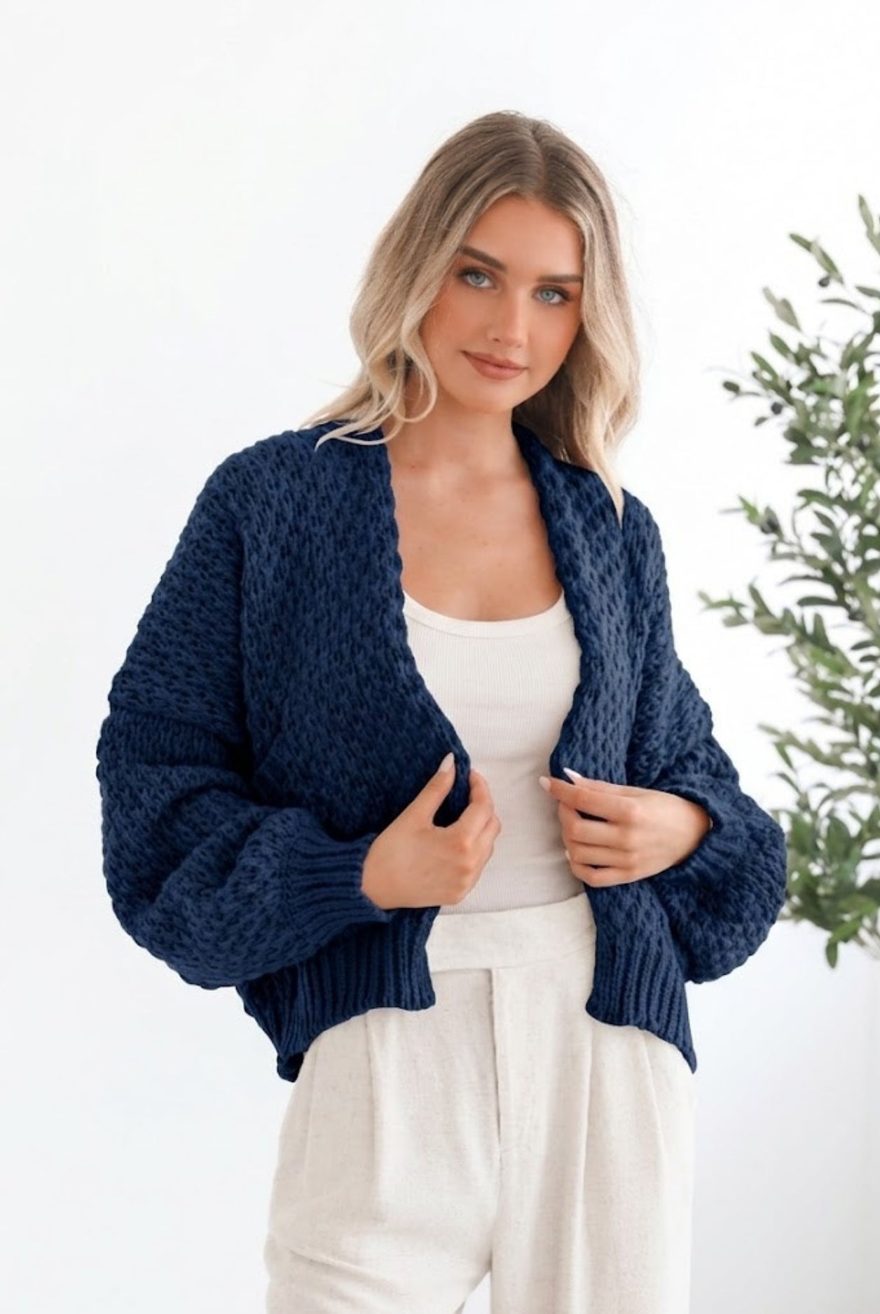 Dorine Cardigan in Navy womens relaxed knit cardigan in navy front view