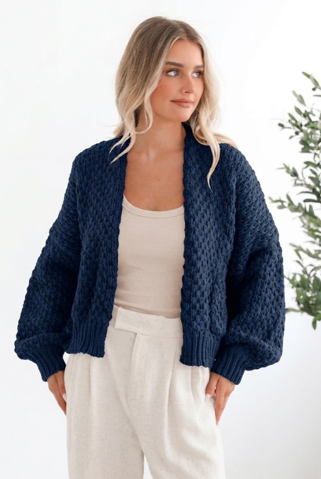 Dorine Cardigan in Navy womens navy cardigan styled outfit