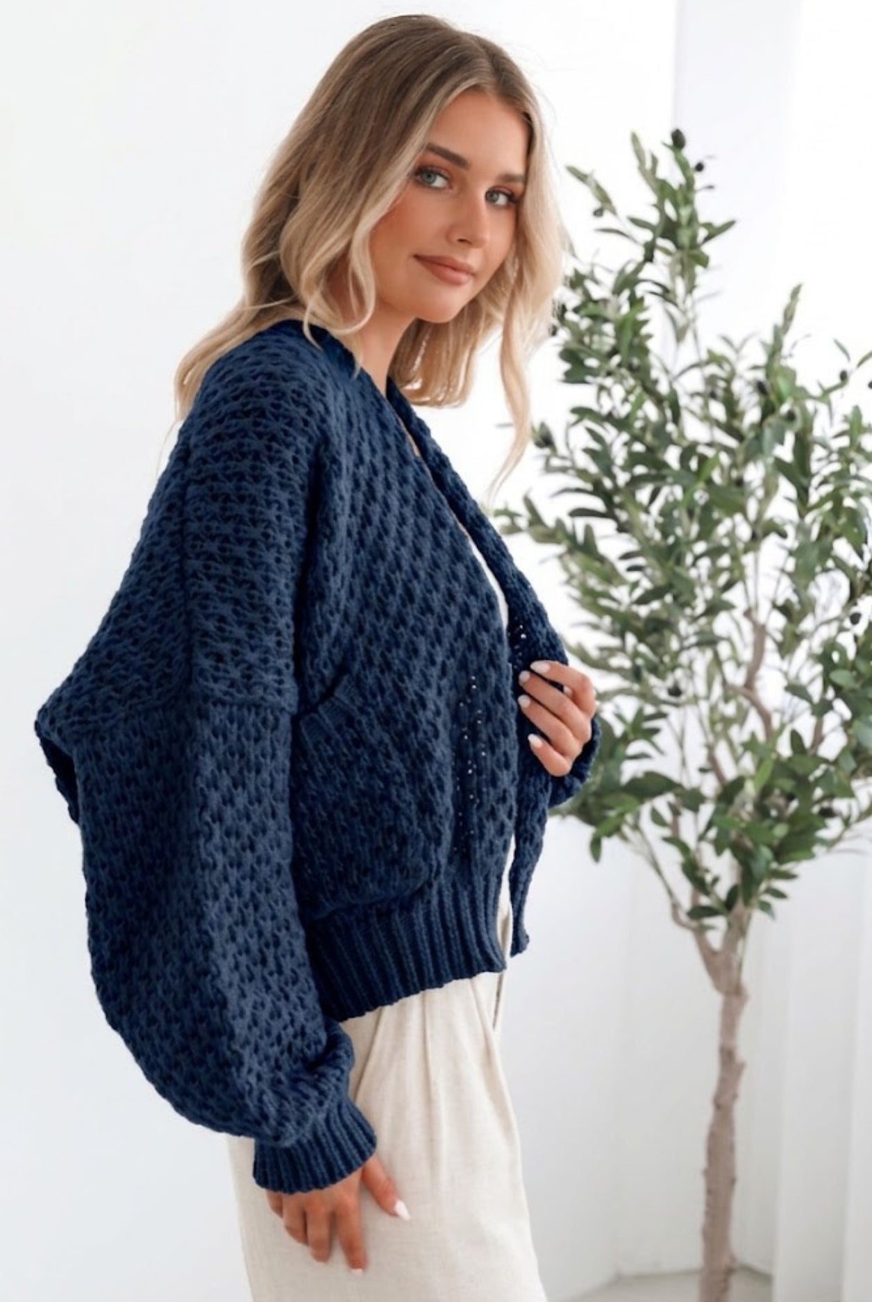 Dorine Cardigan in Navy relaxed navy knit cardigan full length view