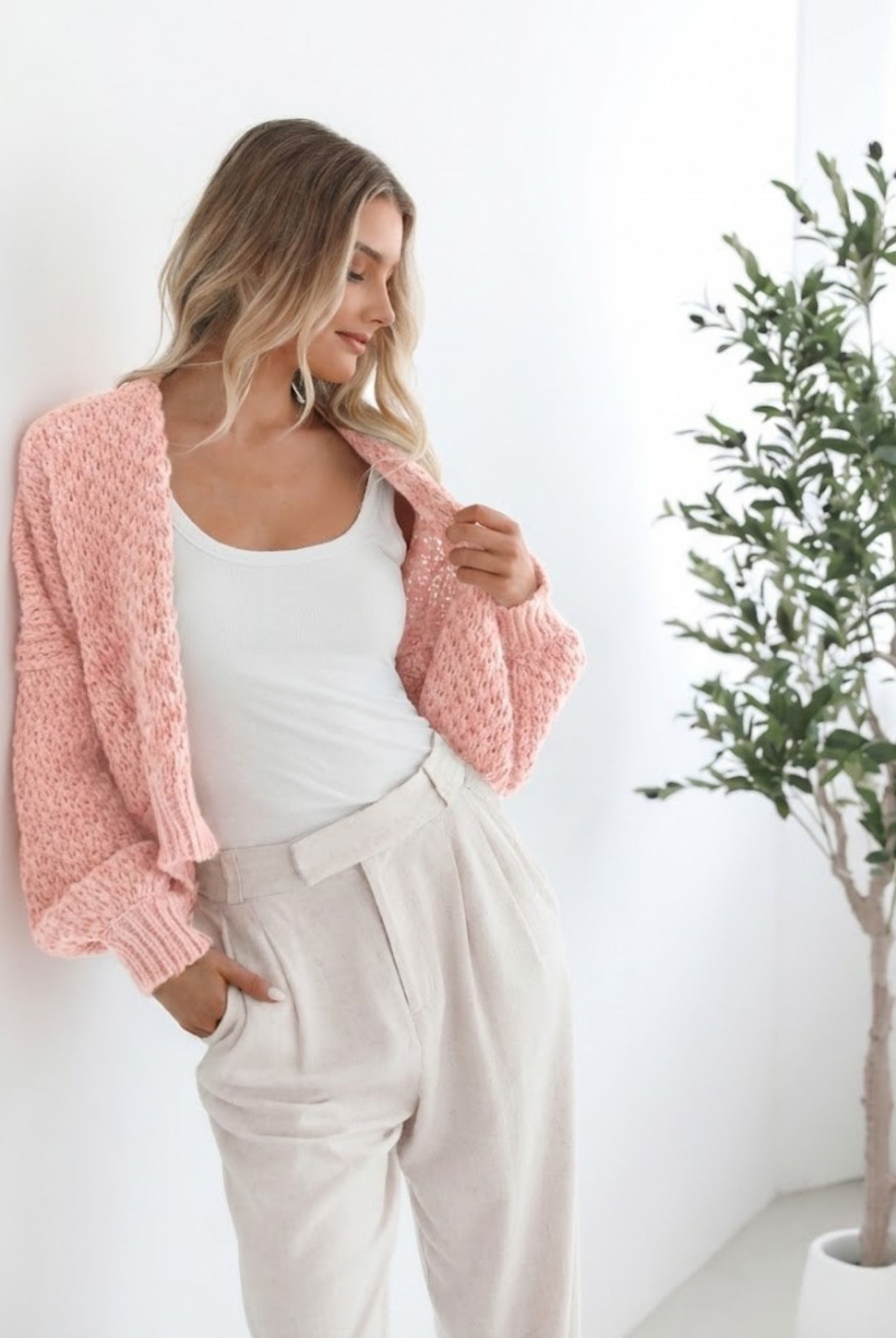 Dorine Cardigan in Soft Pink womens chunky knit cardigan in soft pink front view