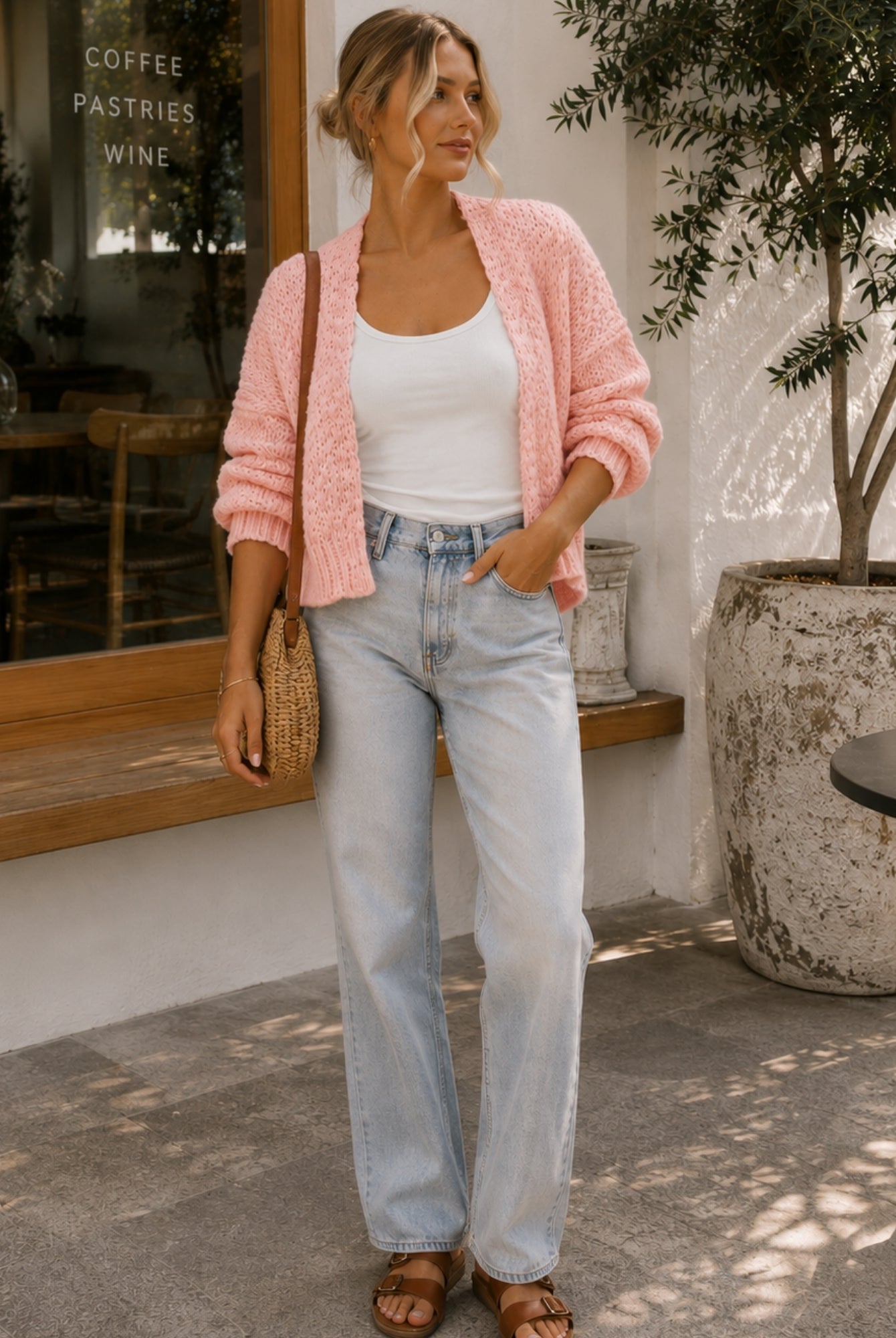 Women's soft pink chunky knit open front cardigan, the Dorine Cardigan in Soft Pink by Esther & Co
