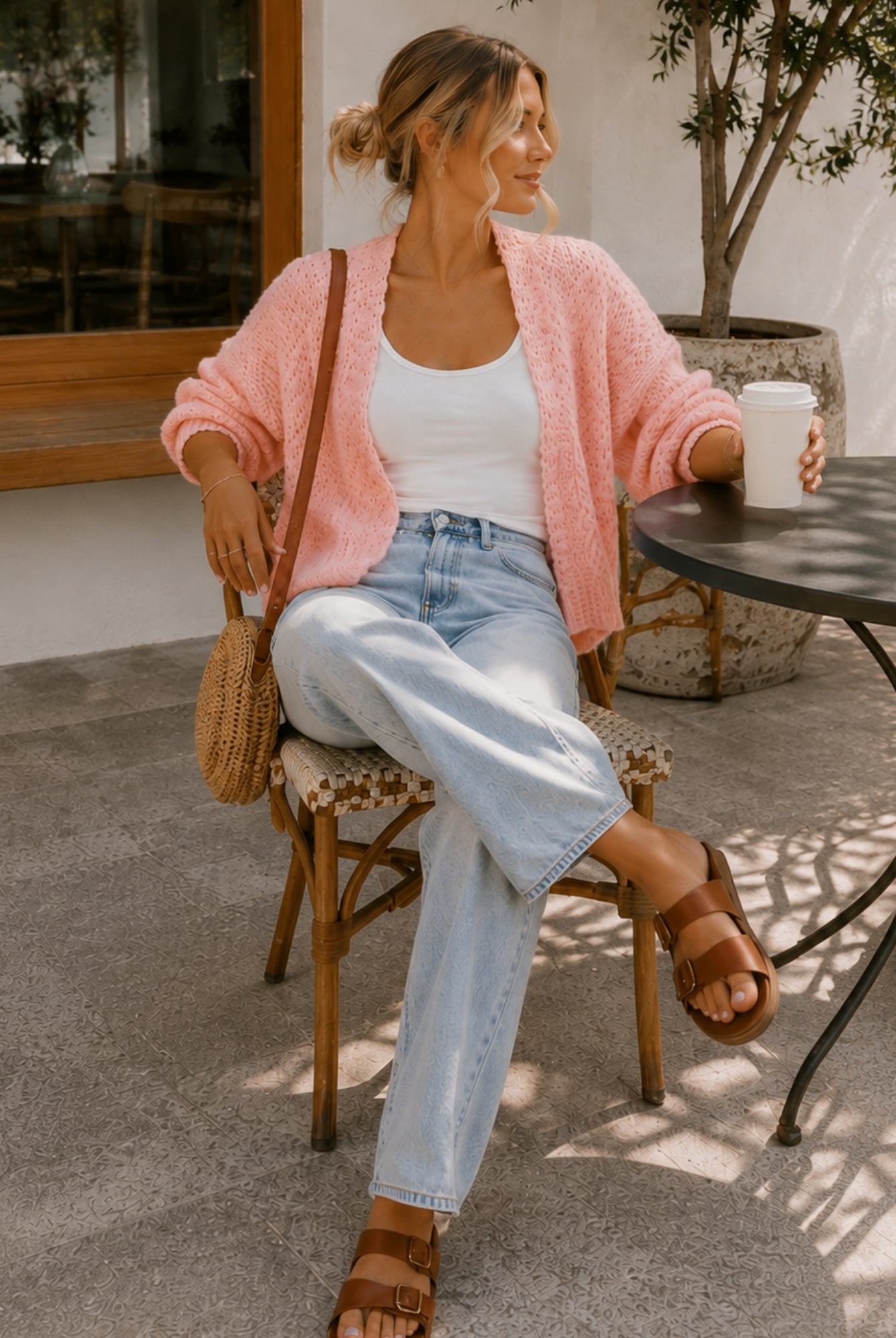 Women's soft pink chunky knit open front cardigan, the Dorine Cardigan in Soft Pink by Esther & Co