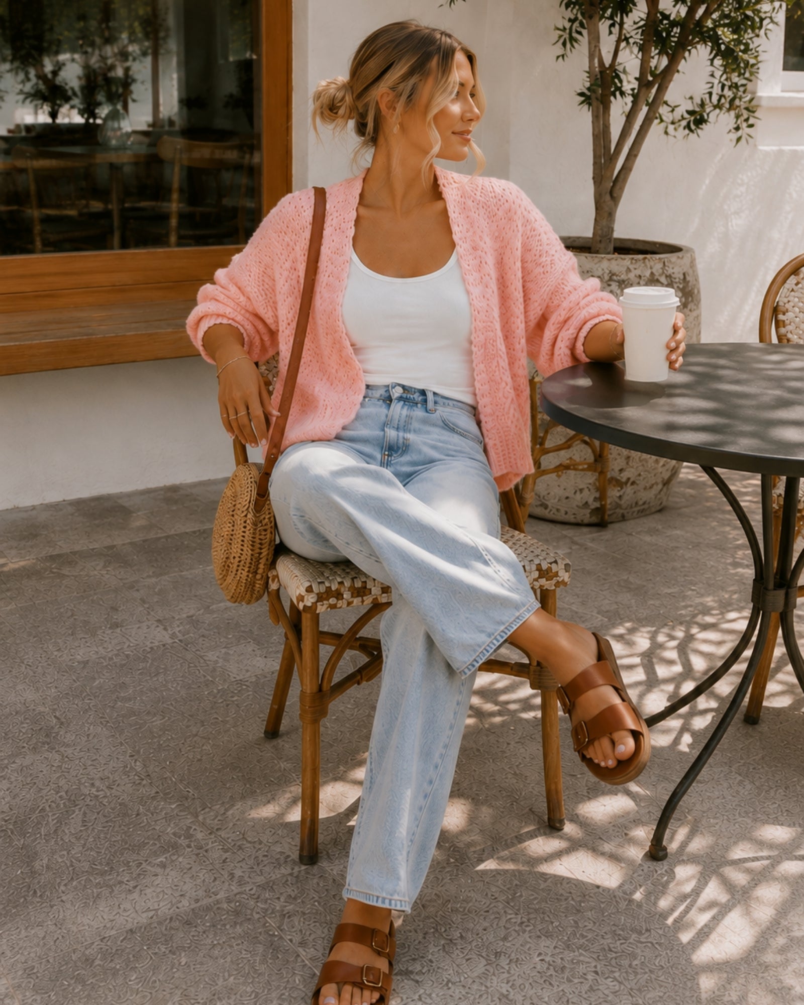Women's soft pink chunky knit open front cardigan, the Dorine Cardigan in Soft Pink by Esther & Co