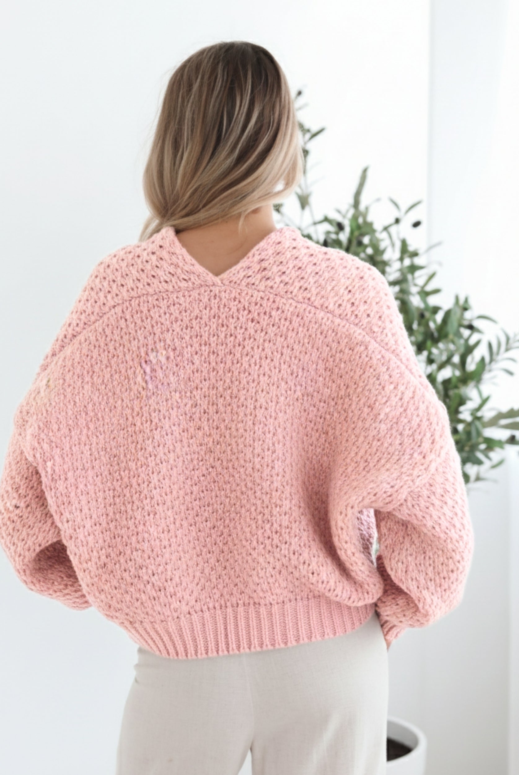 Dorine Cardigan in Soft Pink womens soft pink chunky knit cardigan styled outfit