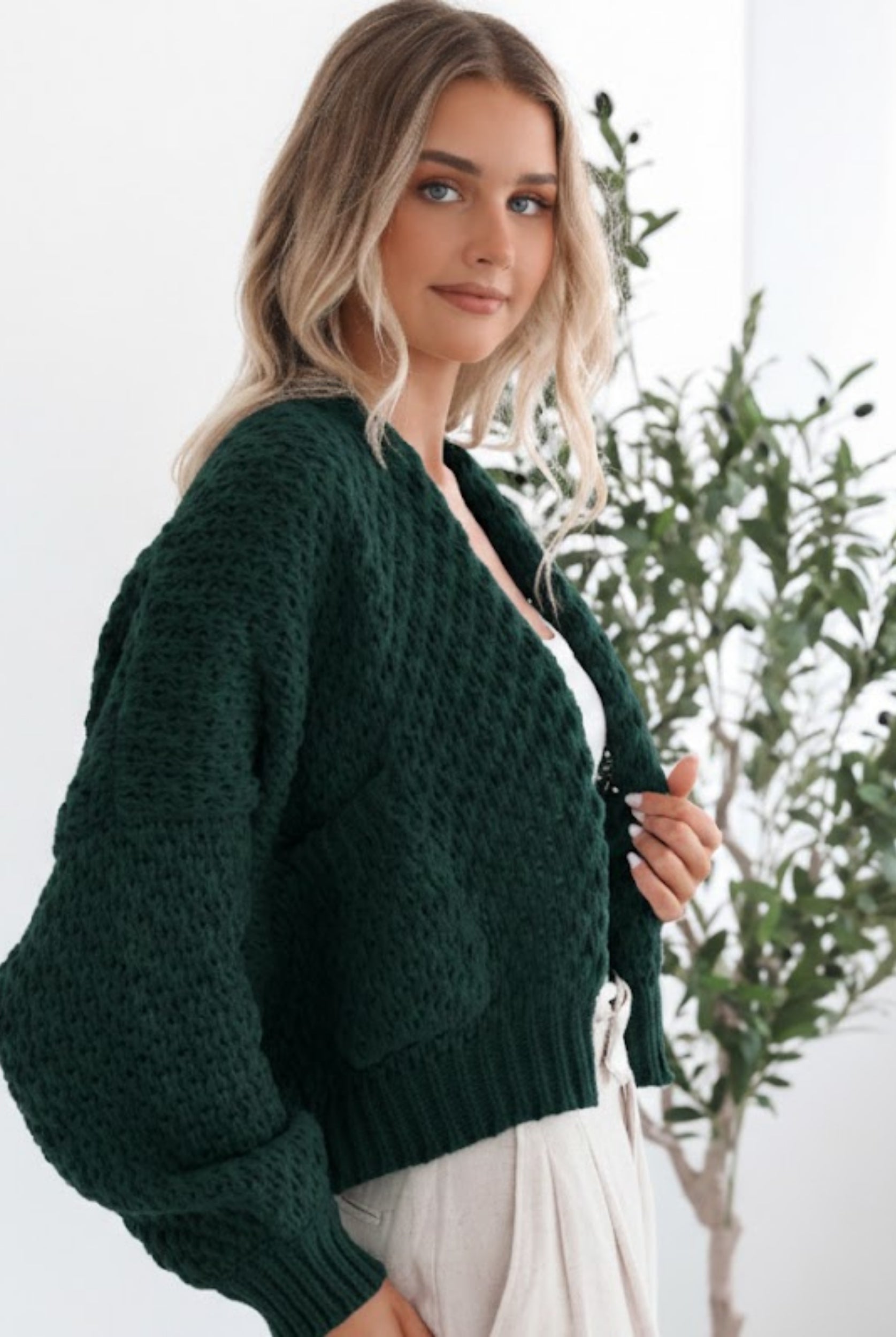 Dorine Cardigan in Teal womens deep teal knit cardigan back view