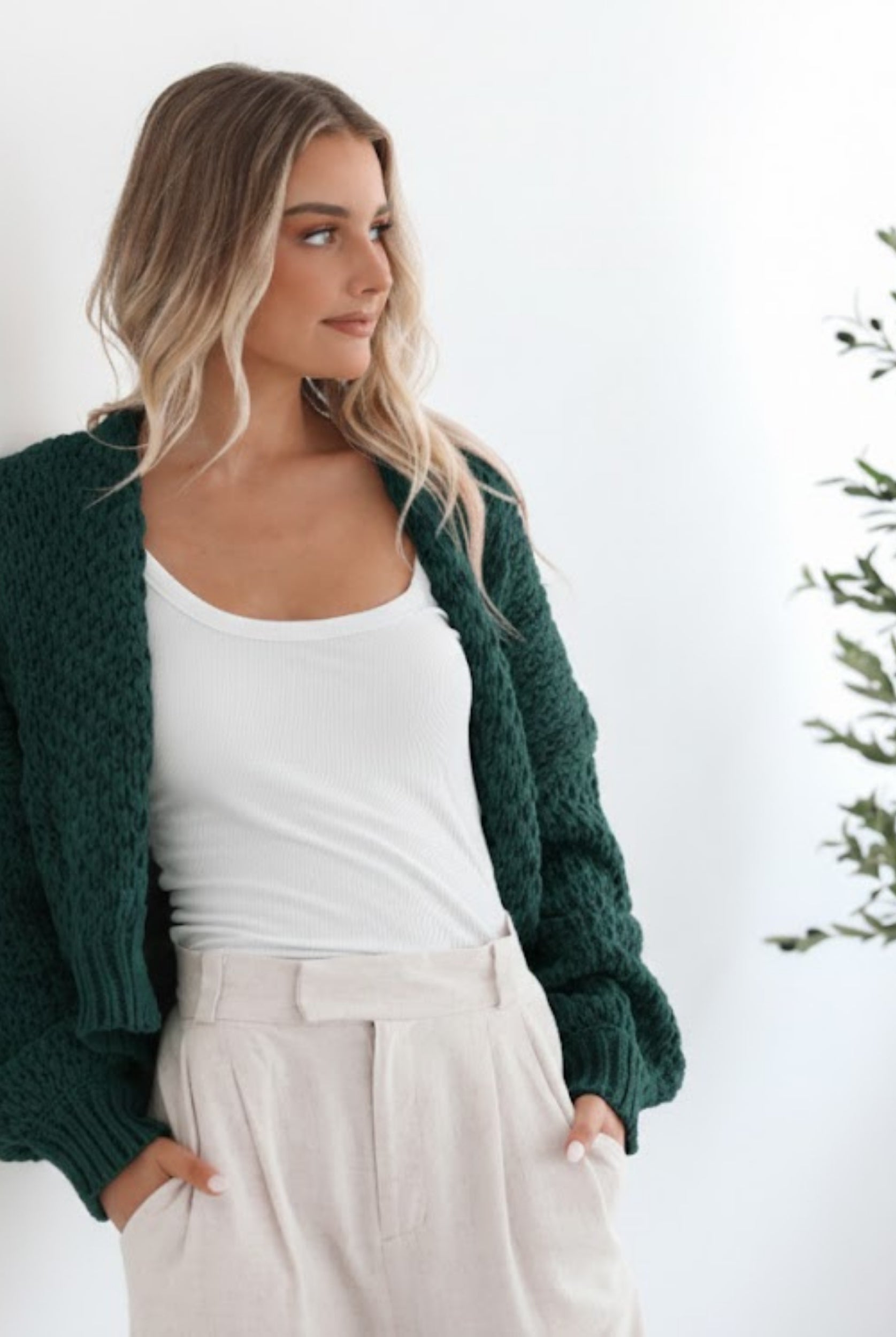 Dorine Cardigan in Teal womens teal chunky knit cardigan styled outfit