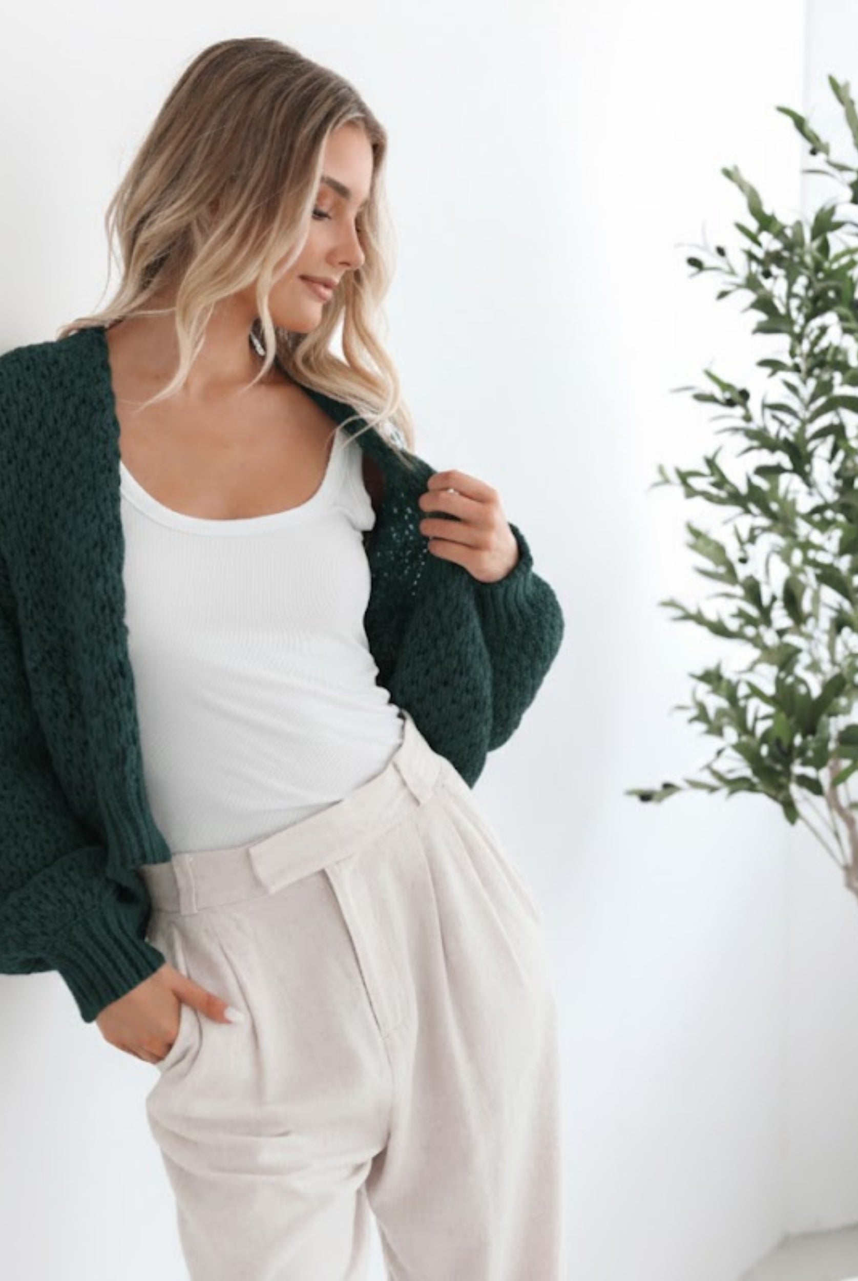 Dorine Cardigan in Teal teal relaxed knit open-front cardigan full length view