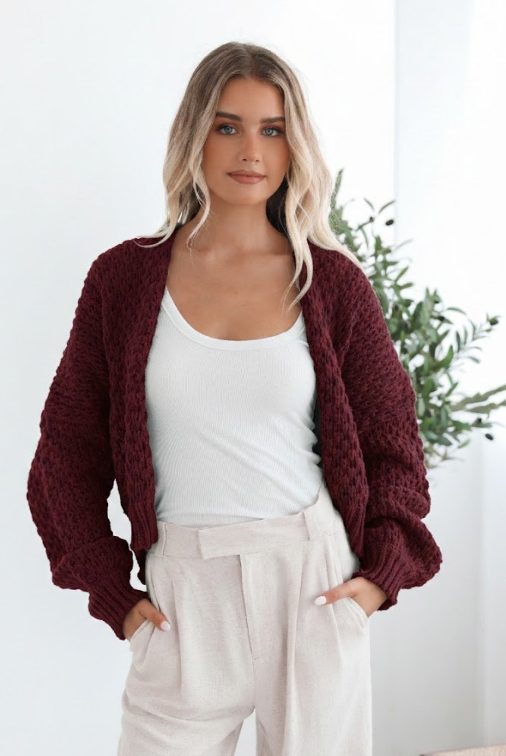 Dorine Cardigan in Wine wine knit open-front cardigan side view