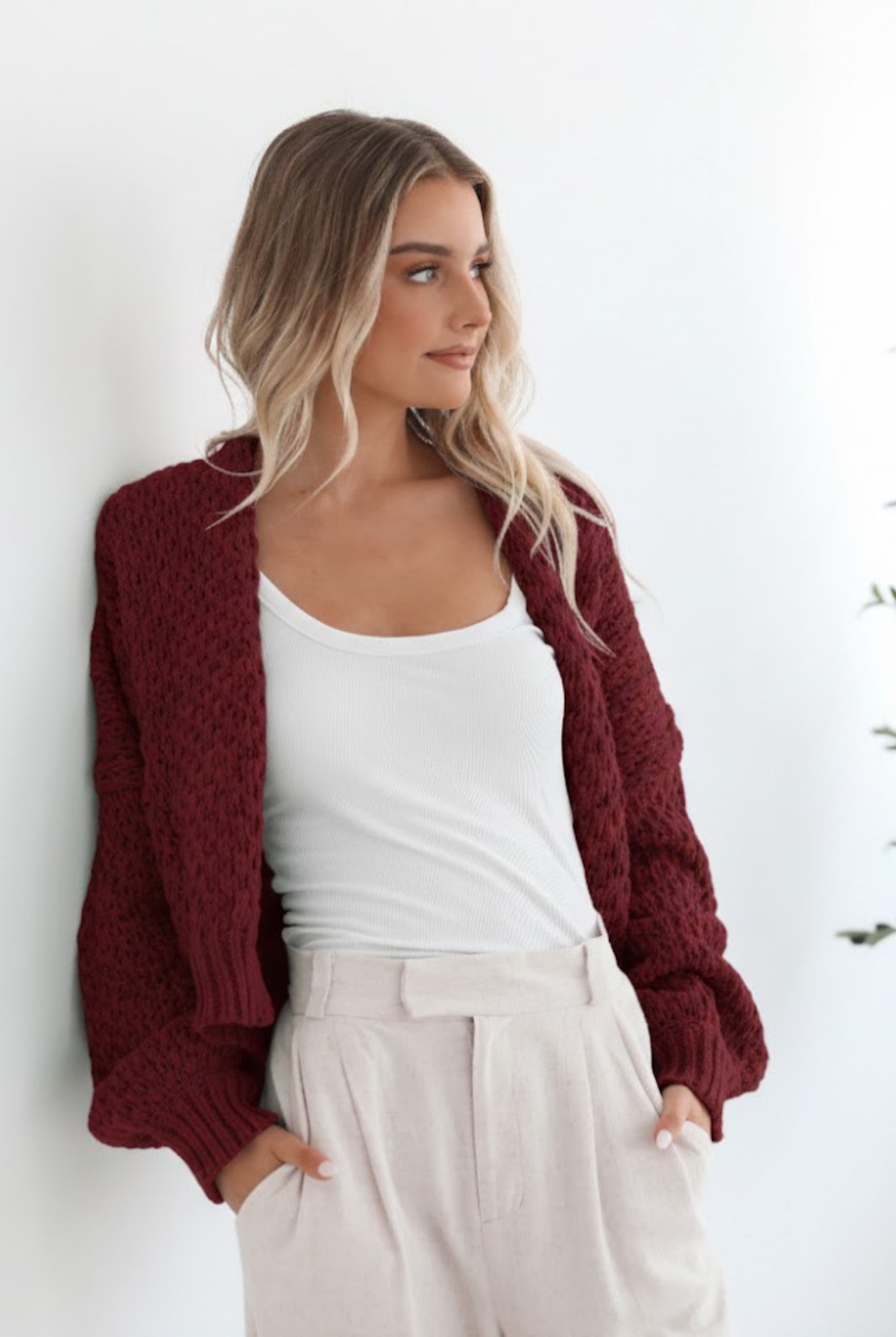 Dorine Cardigan in Wine womens relaxed knit cardigan in wine front view