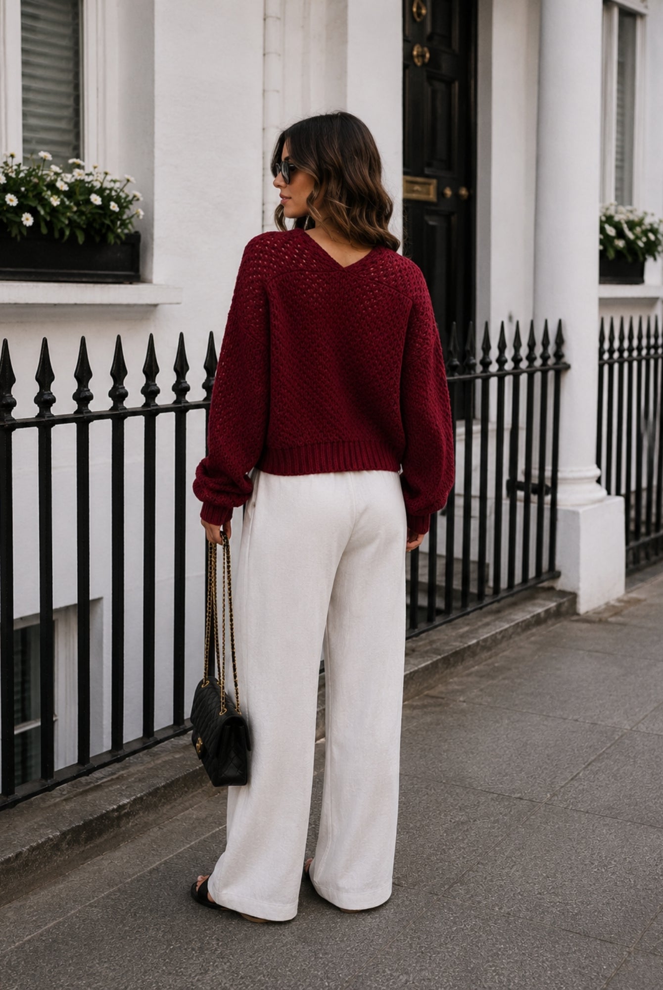 Women's wine open front cardigan side view, the Dorine Cardigan in Wine by Esther & Co