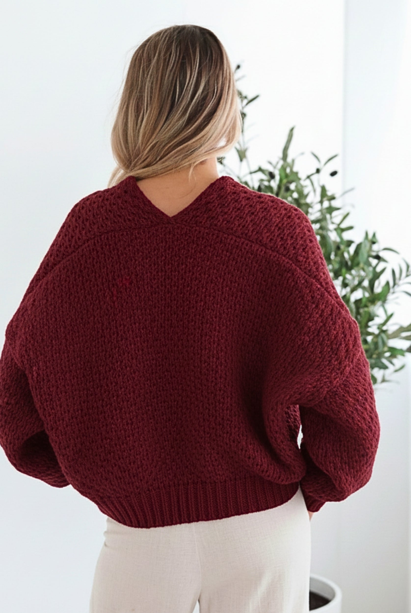 Dorine Cardigan in Wine womens wine knit cardigan back view