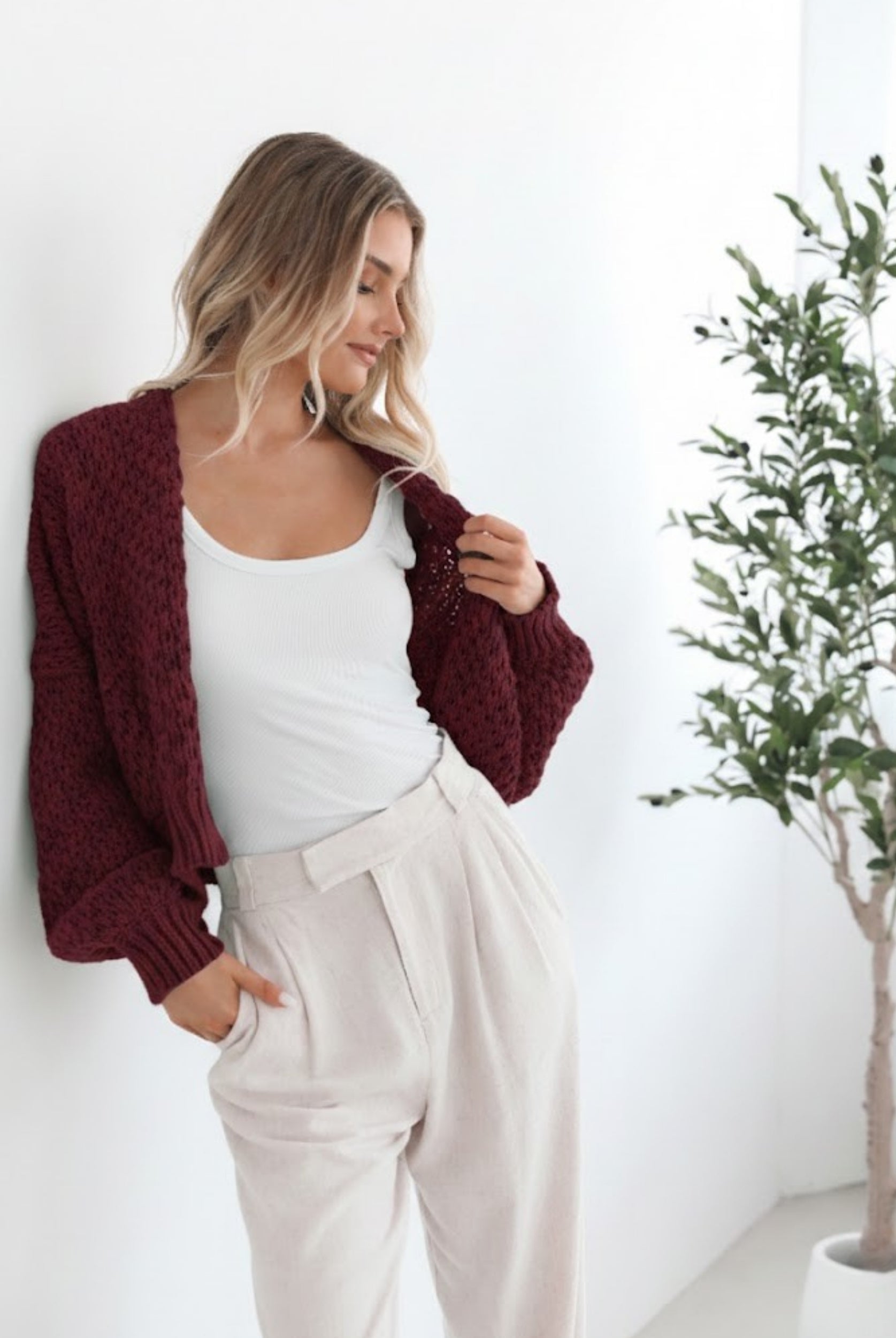 Dorine Cardigan in Wine wine relaxed knit cardigan full length view