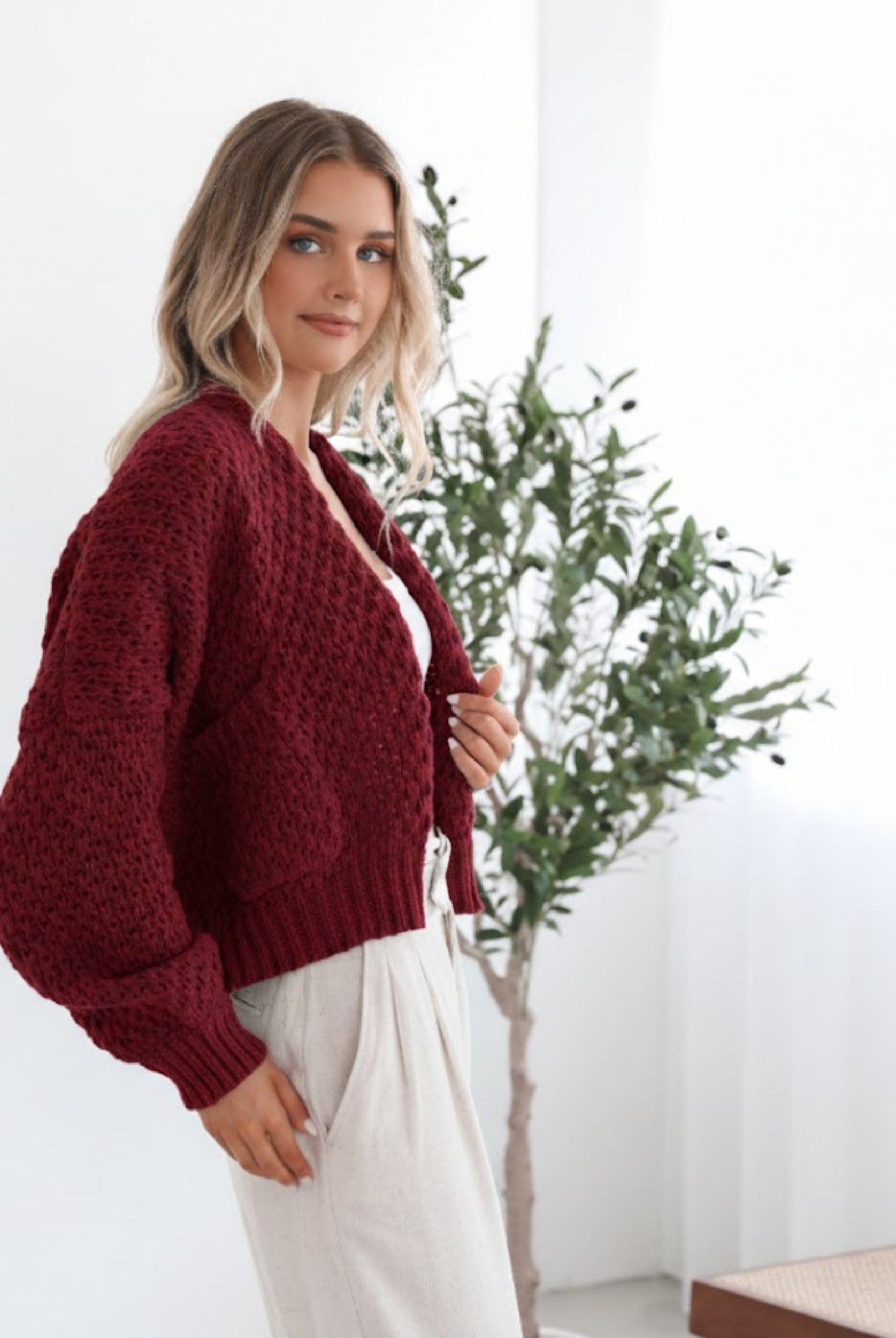 Dorine Cardigan in Wine womens deep wine cardigan styled outfit