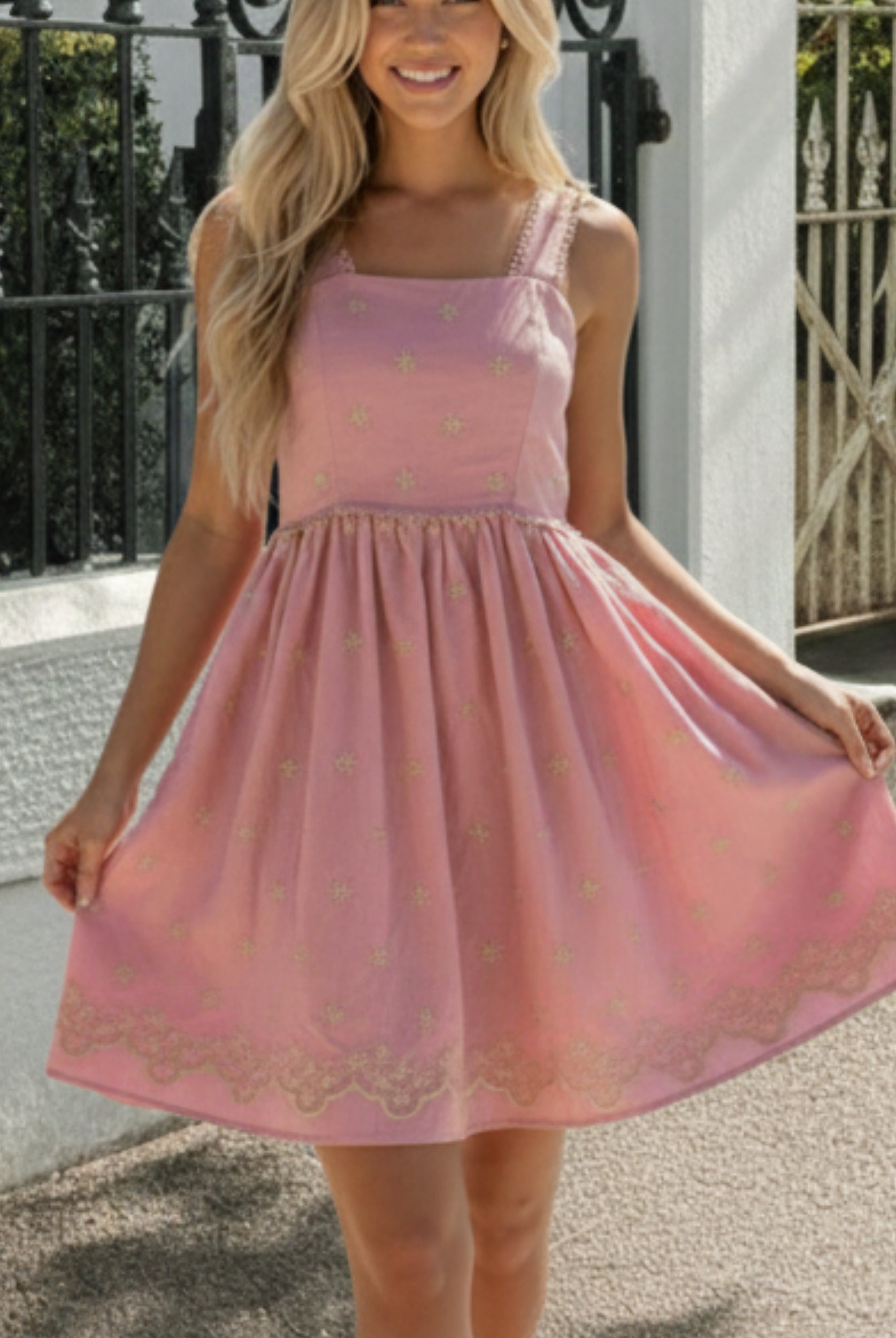 Women's pink floral print mini dress full length view by Esther & Co