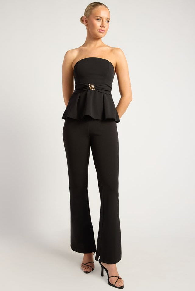 Women's black strapless peplum tube top with gold waist accent, the Ellisia Top in Black by Esther & Co