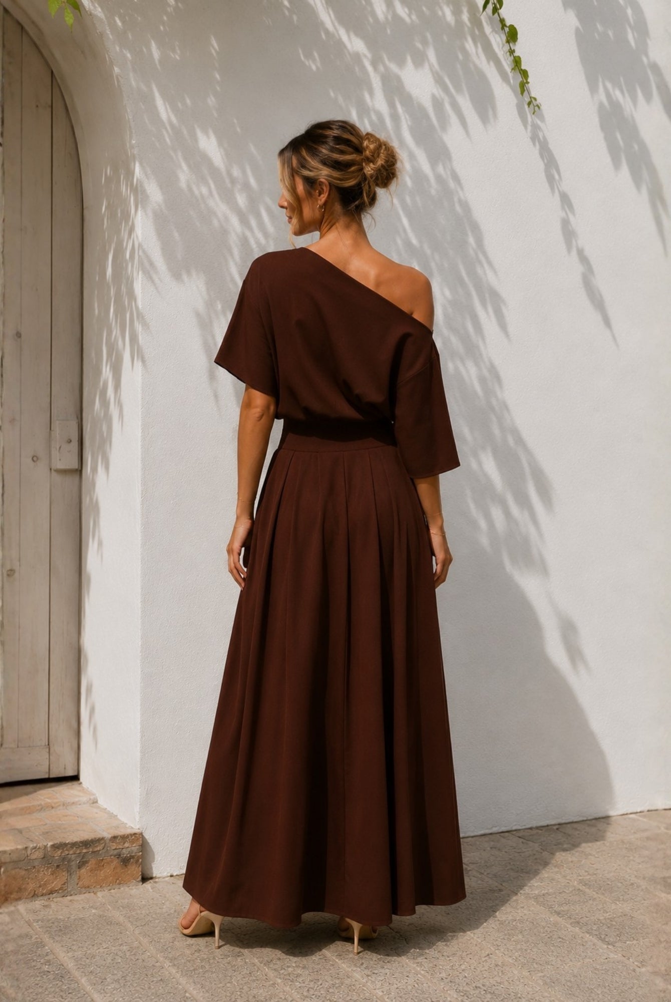 Women's brown boat neck cotton maxi dress, the Emmanuelle Dress in Brown by Esther & Co